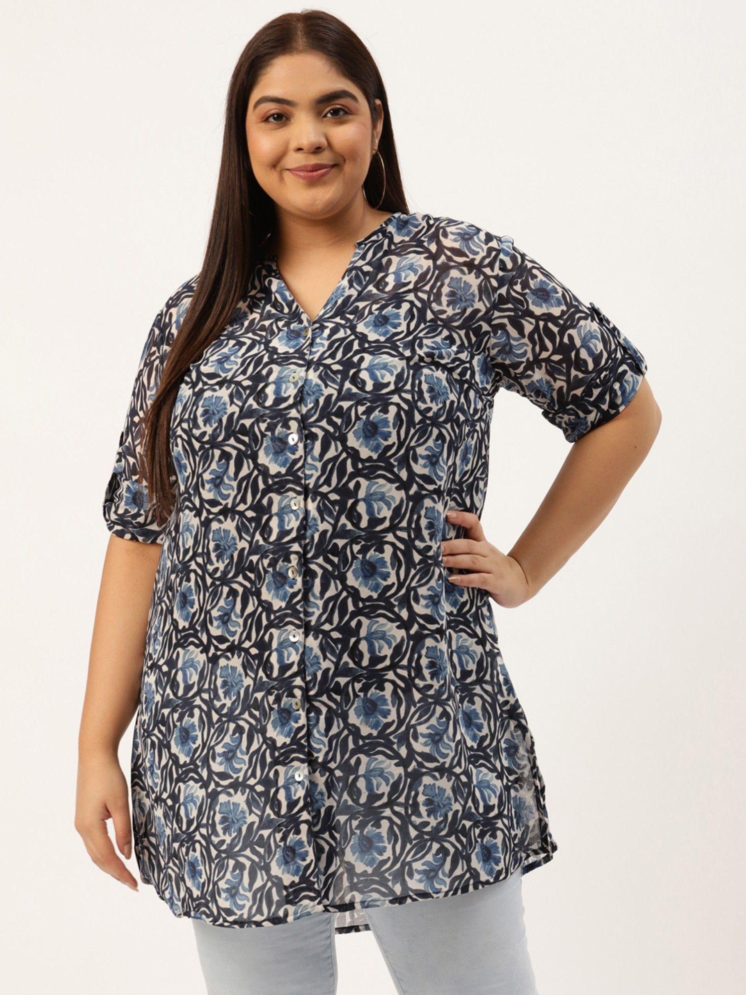 womens blue andoff white floral printed longline shirt