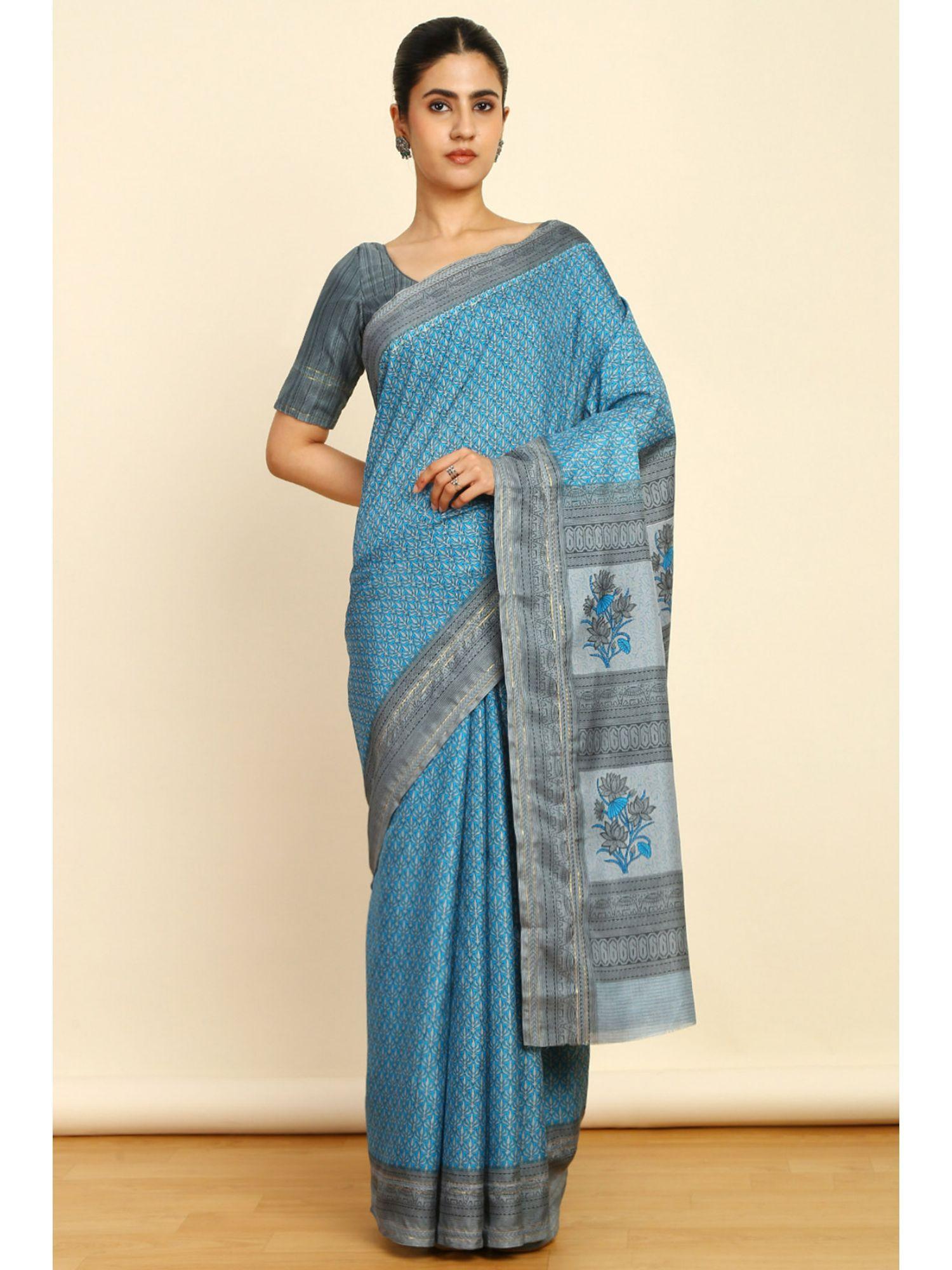 womens blue art silk botanical print saree with unstitched blouse