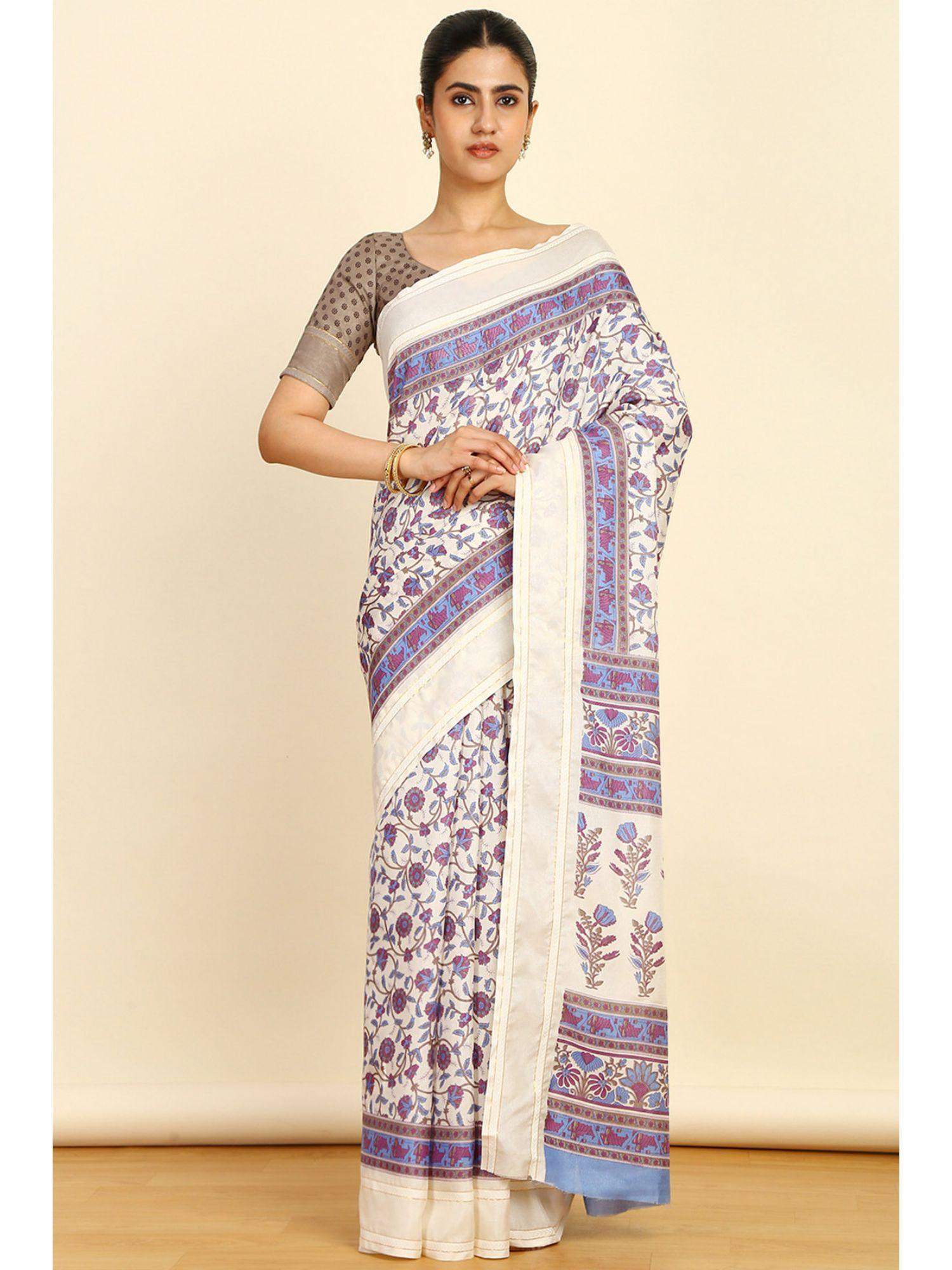 womens blue art silk floral print saree with unstitched blouse