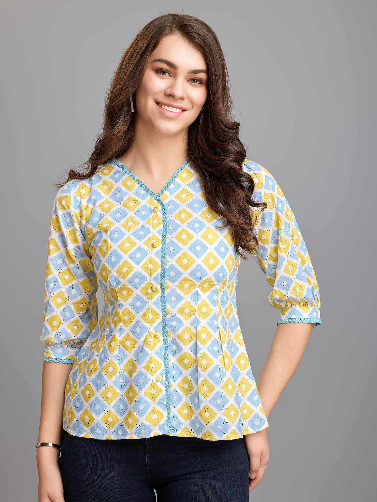 womens blue bored schiffli embroidered shirt style top