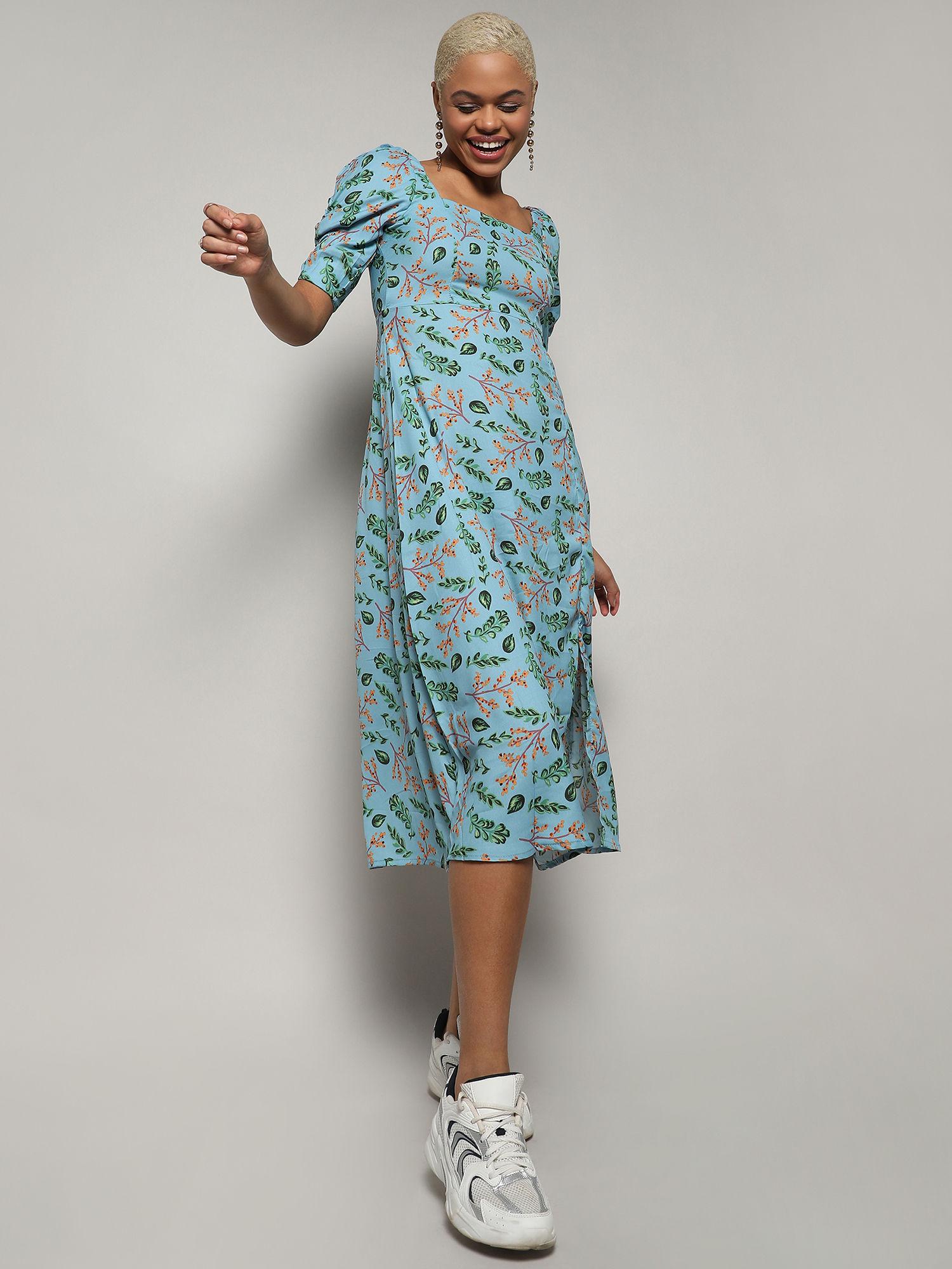 womens blue botanical print dress with slit