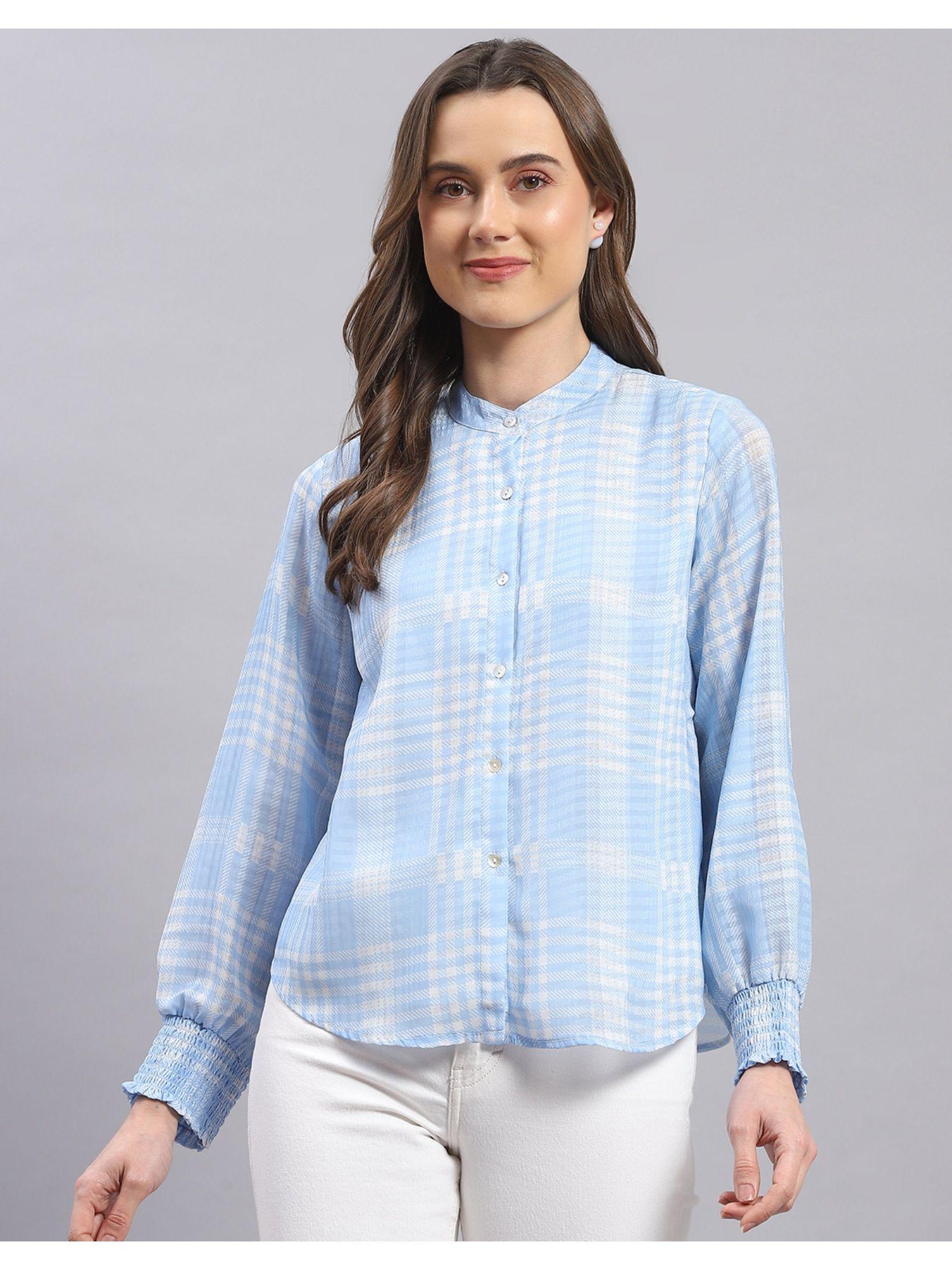 womens blue checkered mandarin collar full sleeve top