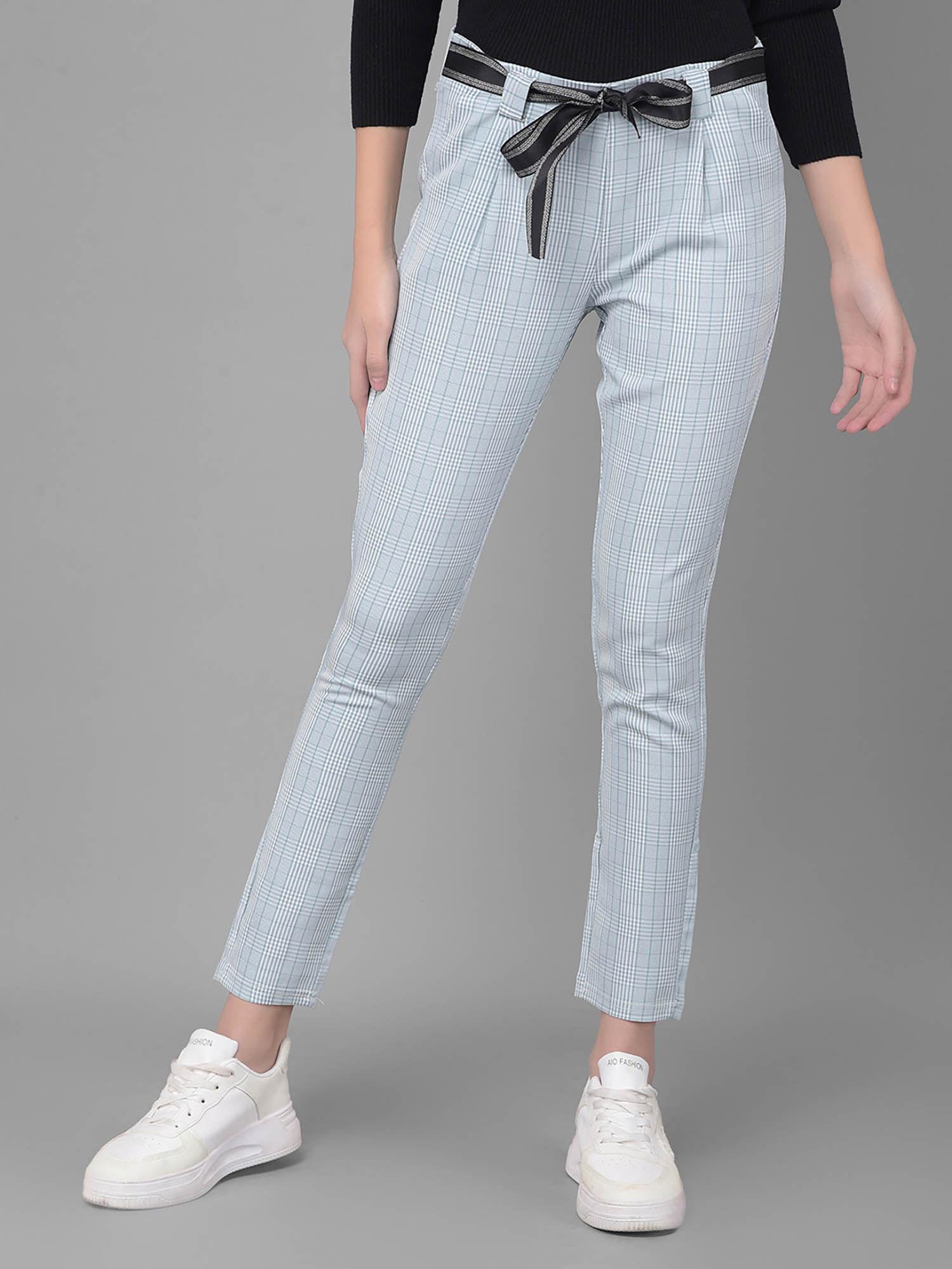 womens blue checks trousers with belt (set of 2)