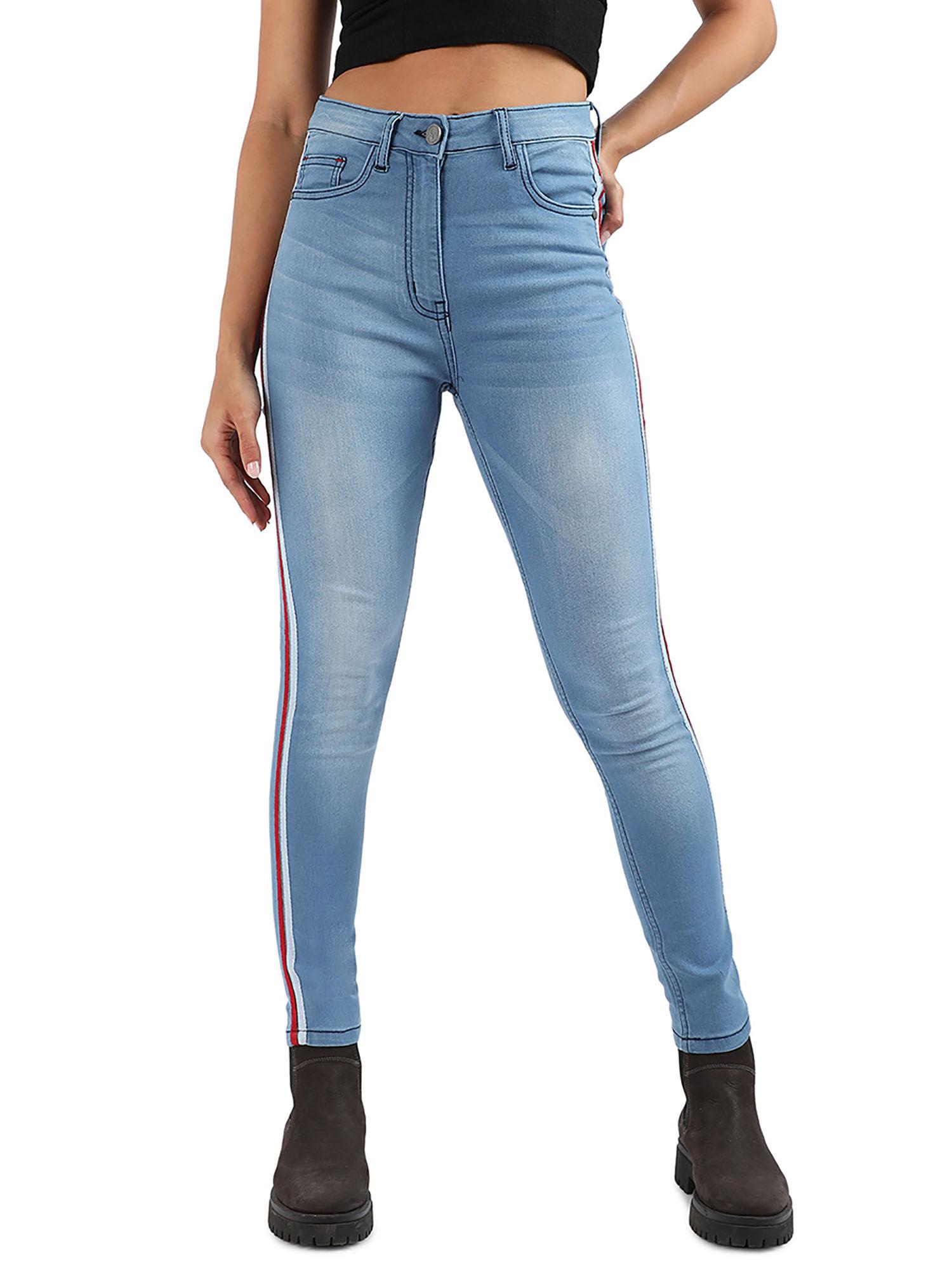 womens blue contrast pencil side-striped denim jeans