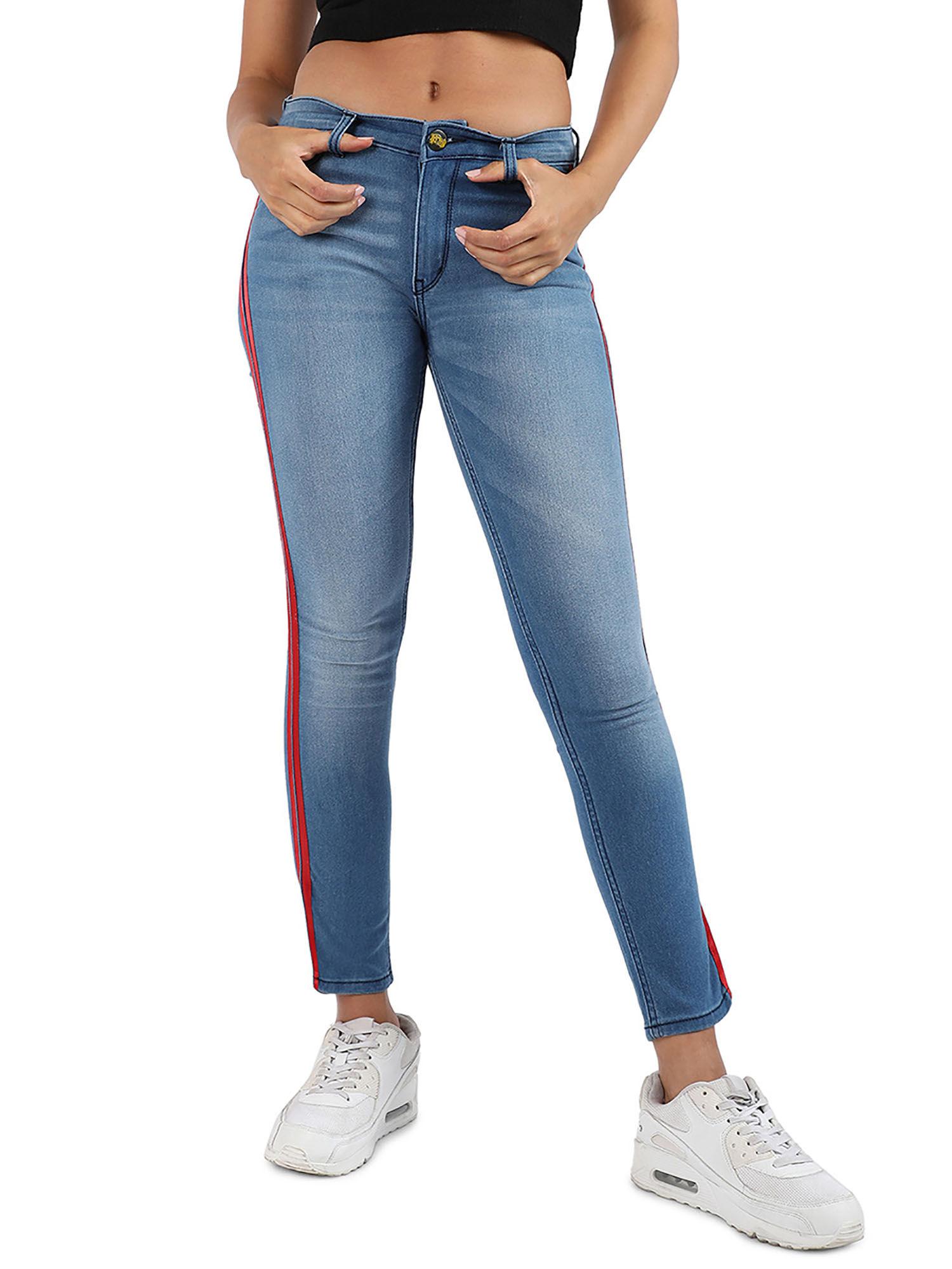 womens blue contrast side-striped denim jeans