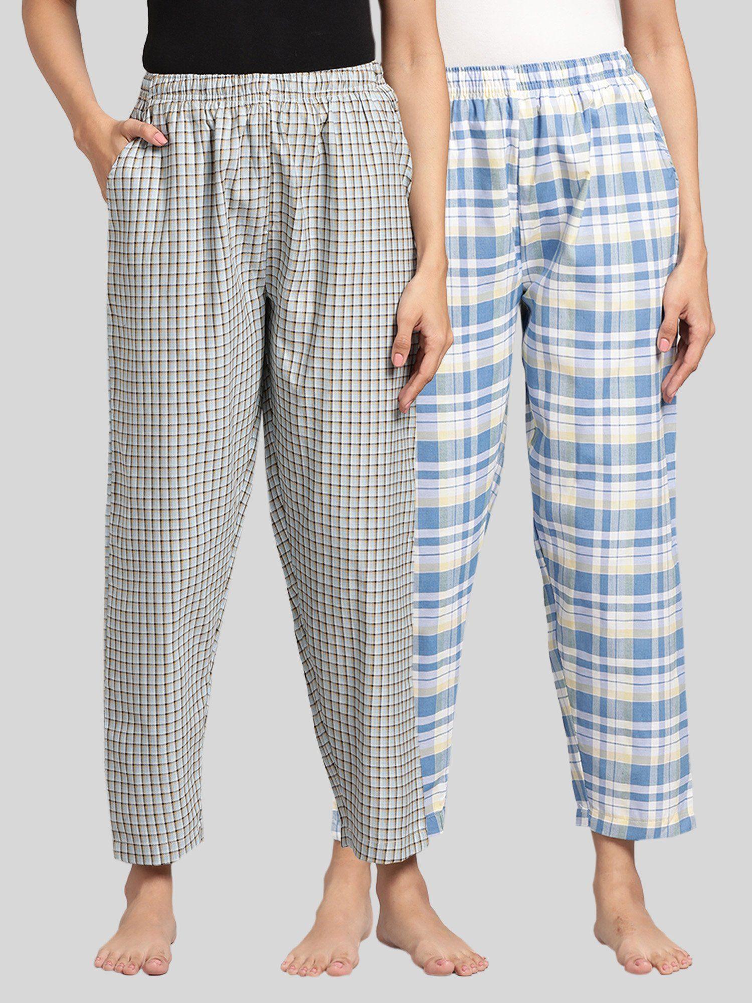 womens blue cotton check lounge pajamas (pack of 2)