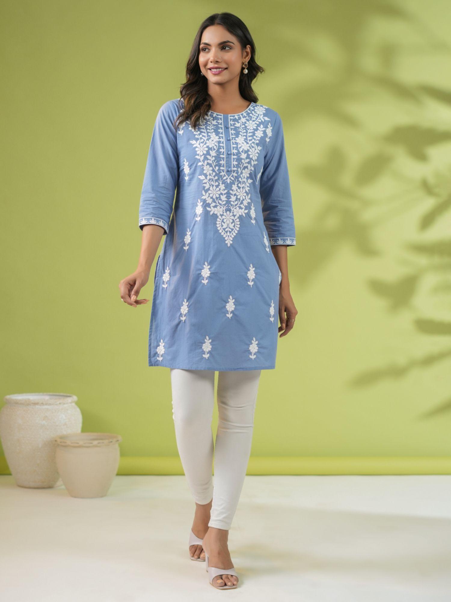 womens blue cotton embroidered regular tunic