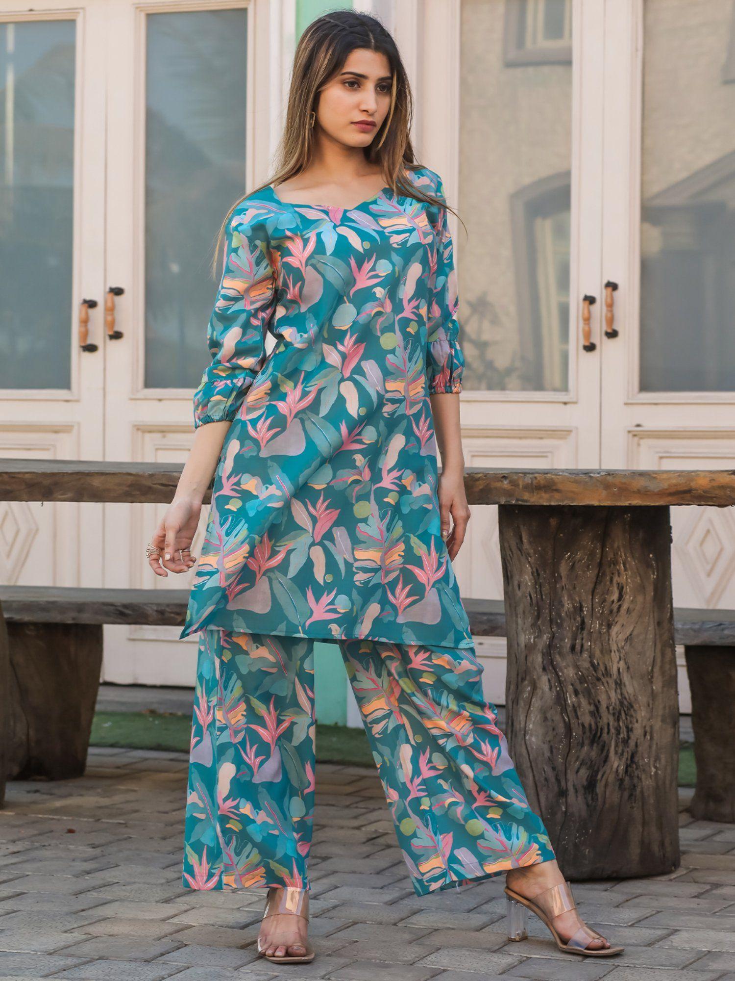 womens blue cotton printed stitched co ord (set of 2)