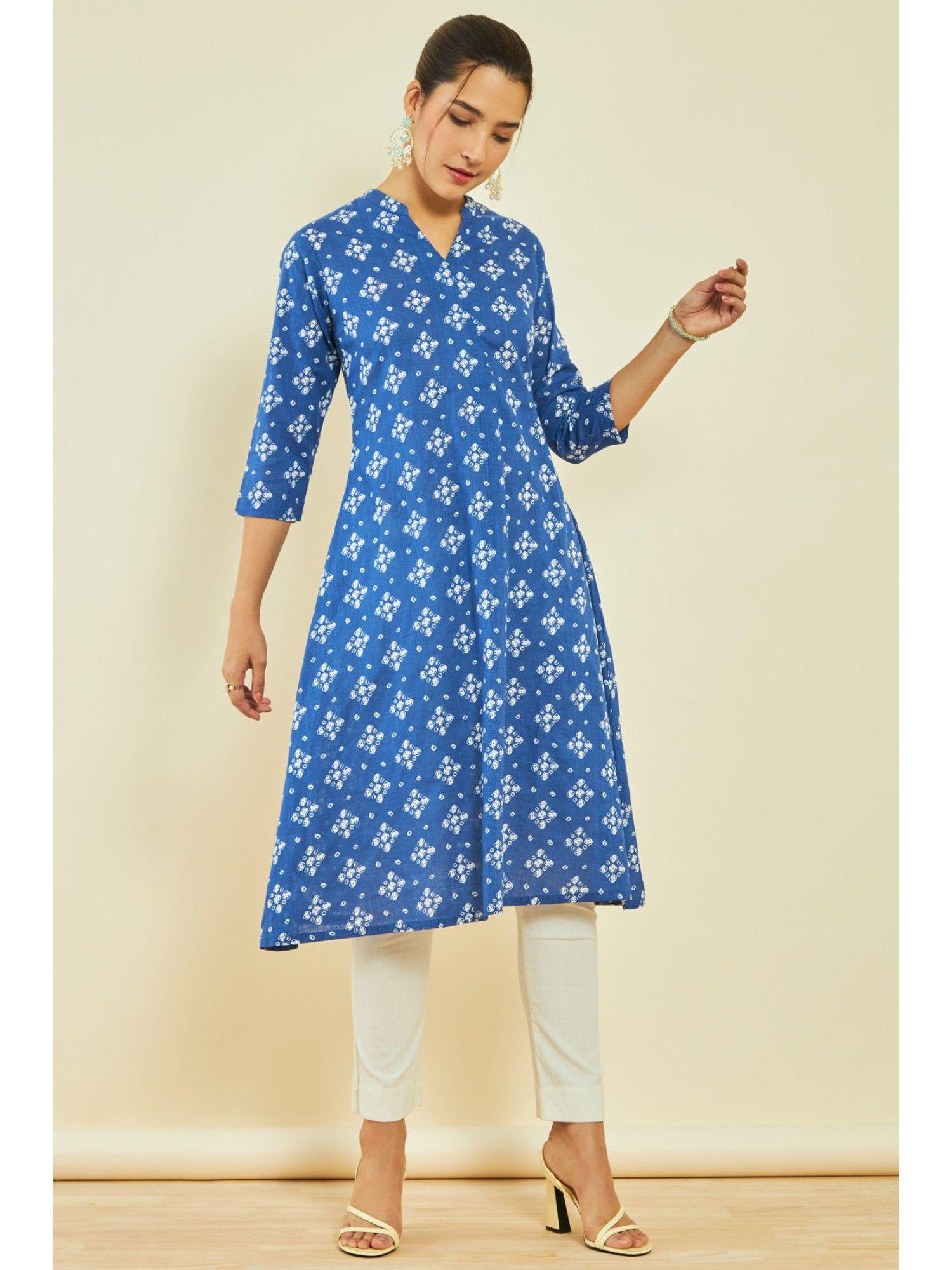 womens blue cotton slub bandhani print kurta