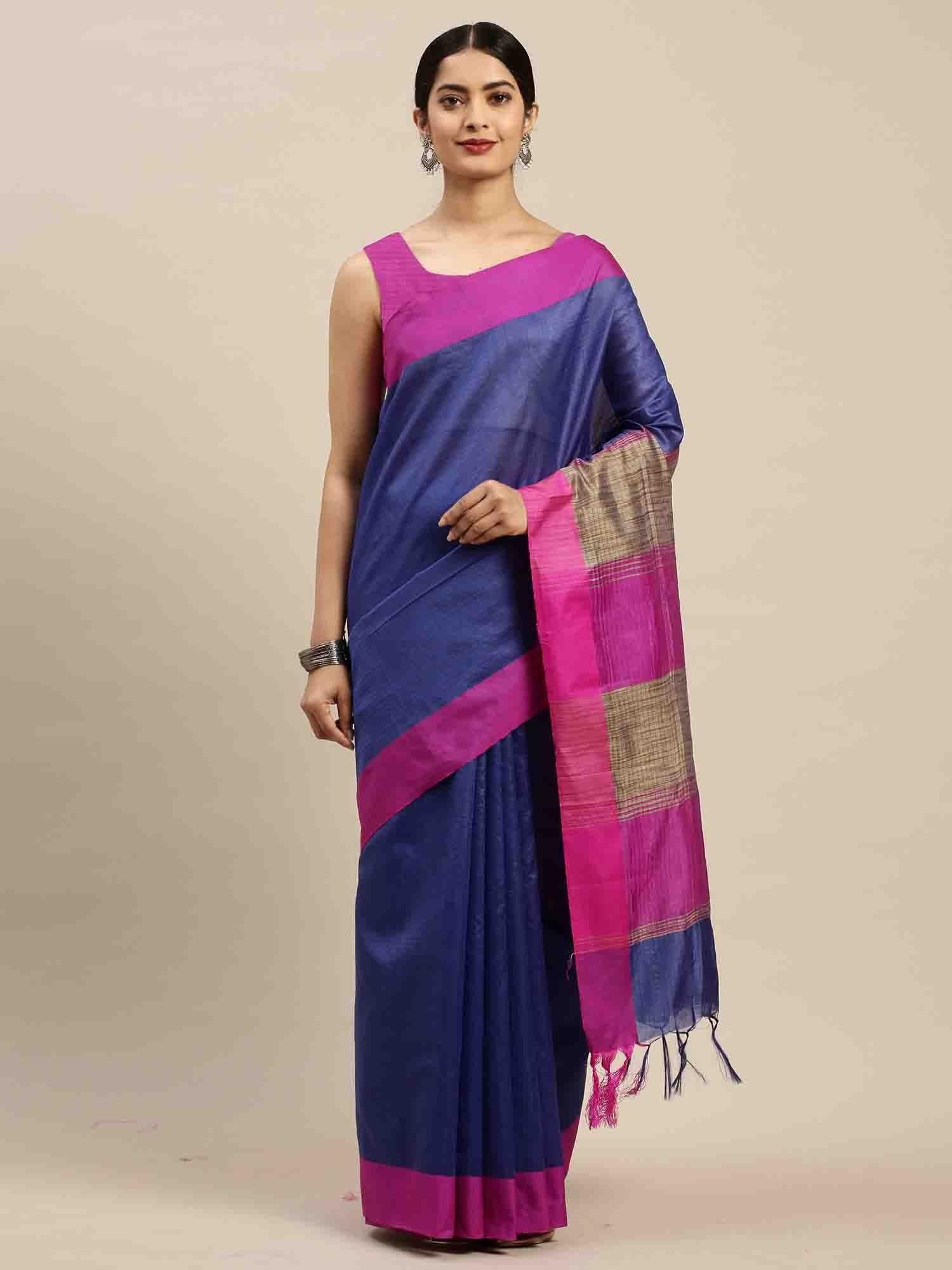 womens blue cotton striped woven traditional saree with unstitched blouse