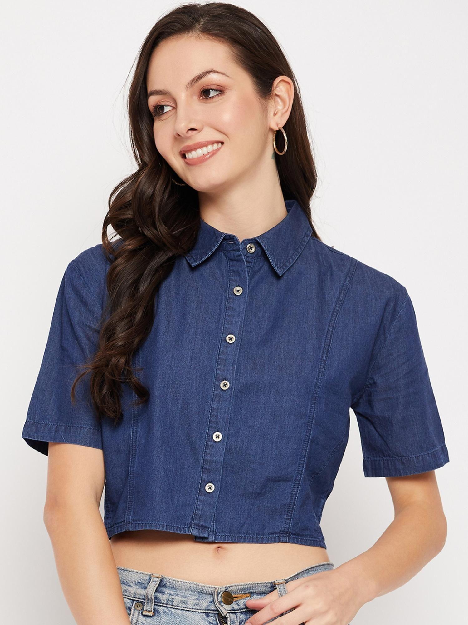 womens blue crop shirt