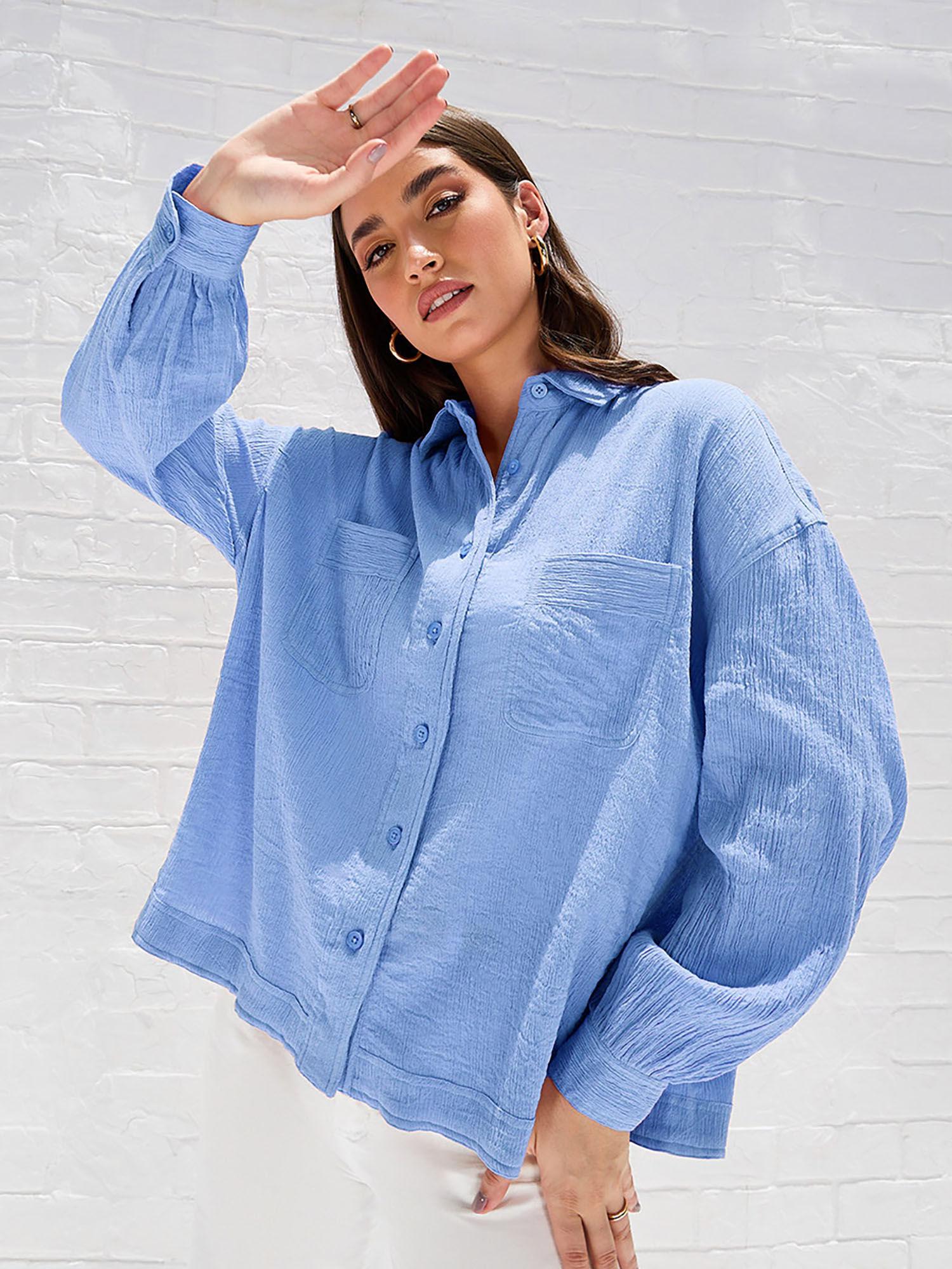 womens blue drop shoulder crepe oversized shirt with patch pocket