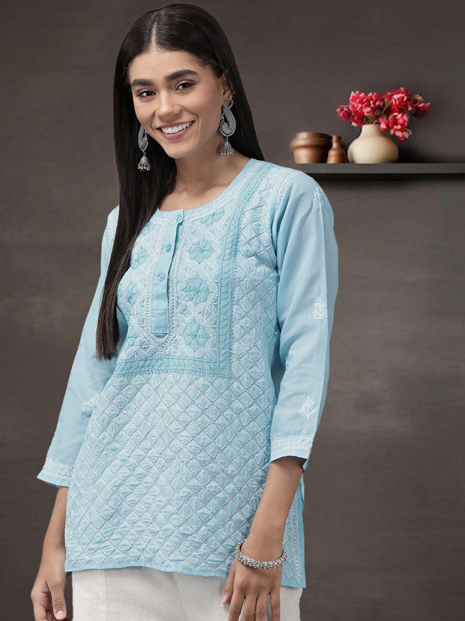 womens blue embroidered lucknowi chikankari kurti