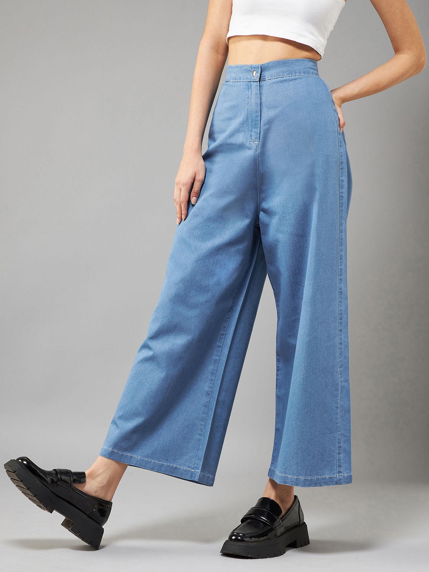 womens blue flared wide-leg high rise non stretchable denim pant