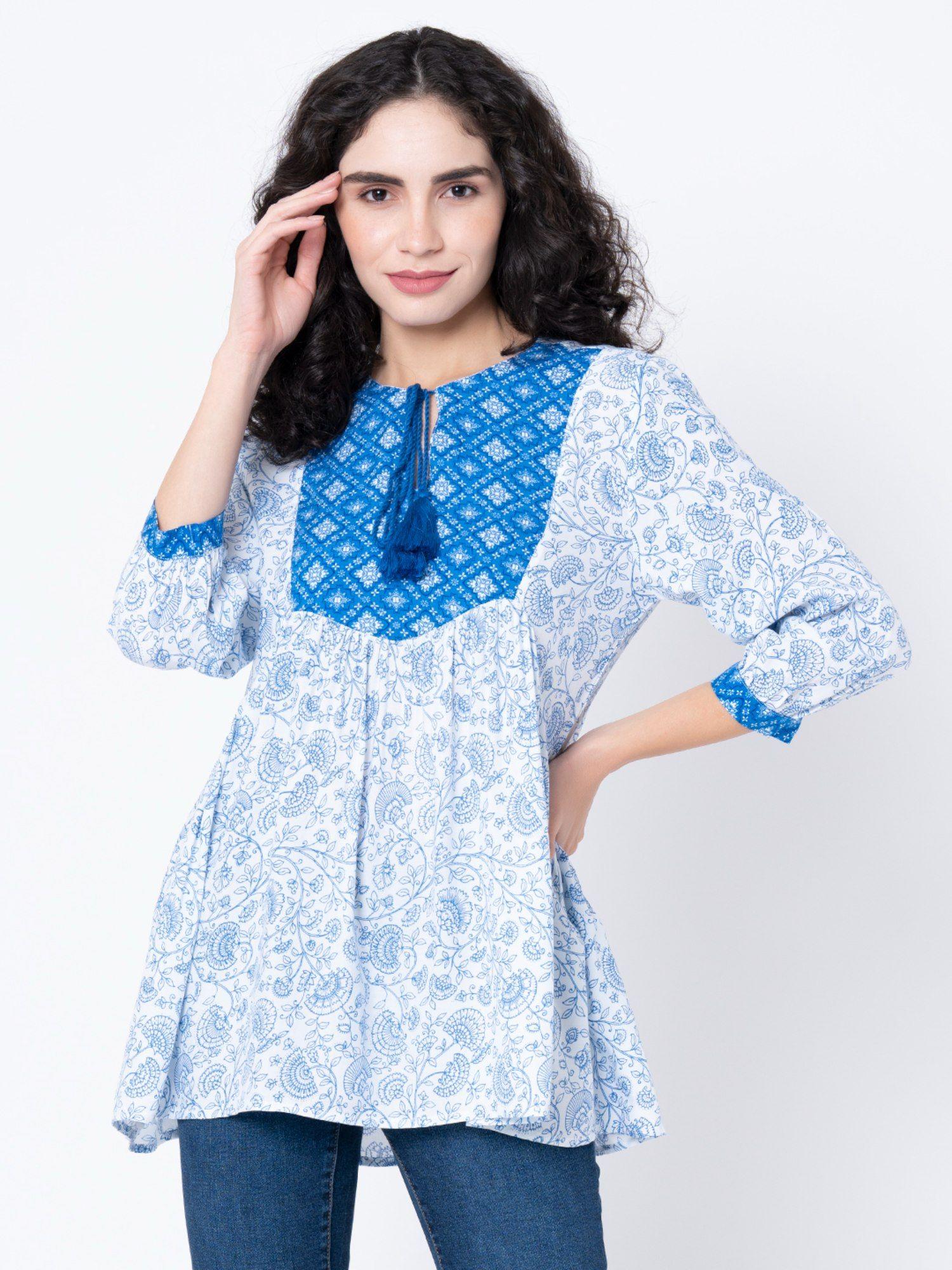 womens blue floral blouse tunic