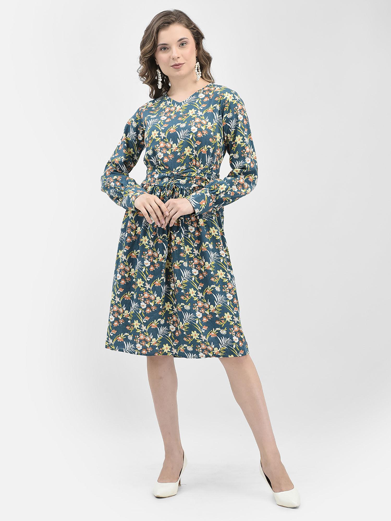 womens blue floral print a-line dress