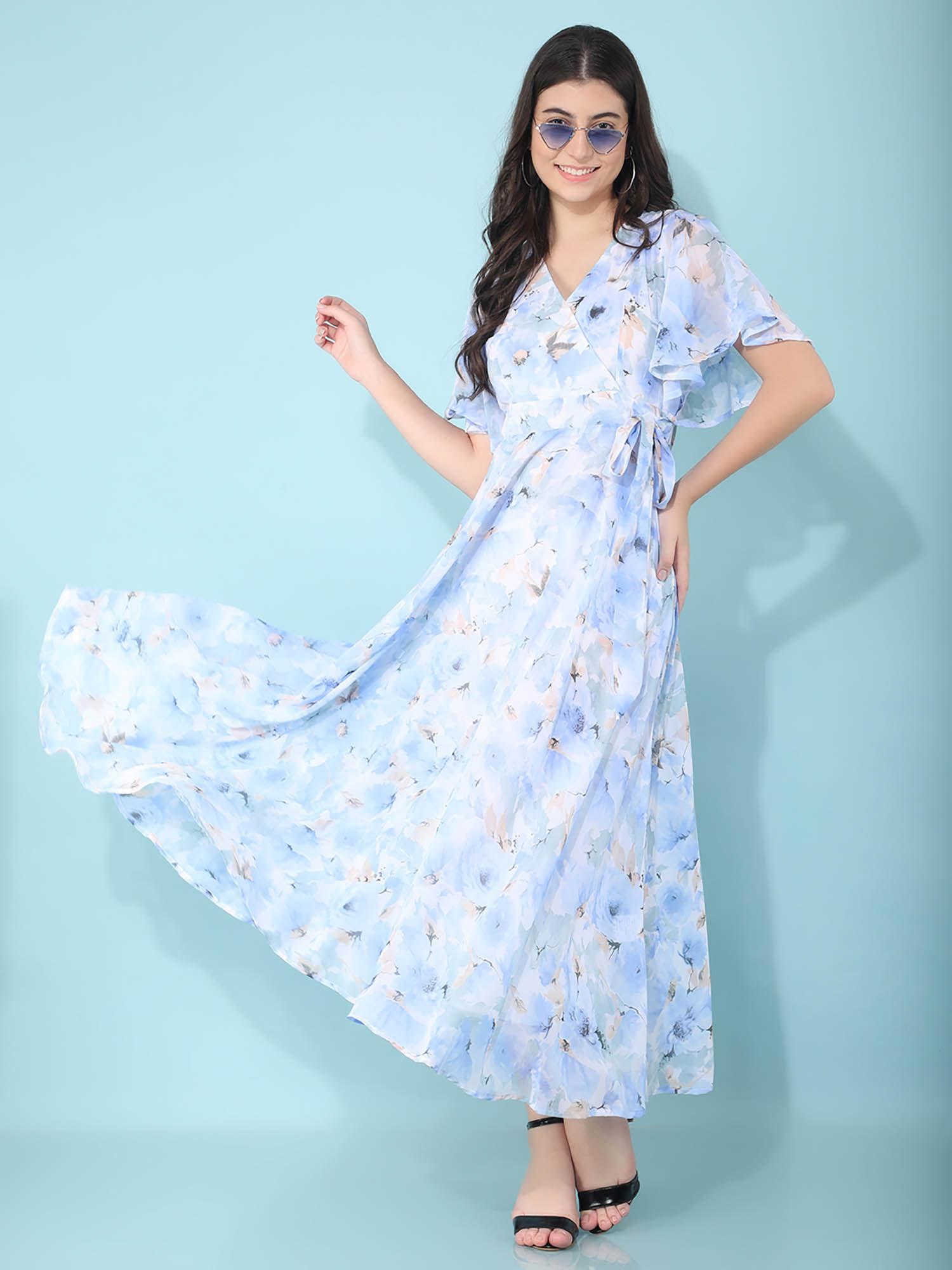 womens blue floral print and flare dress