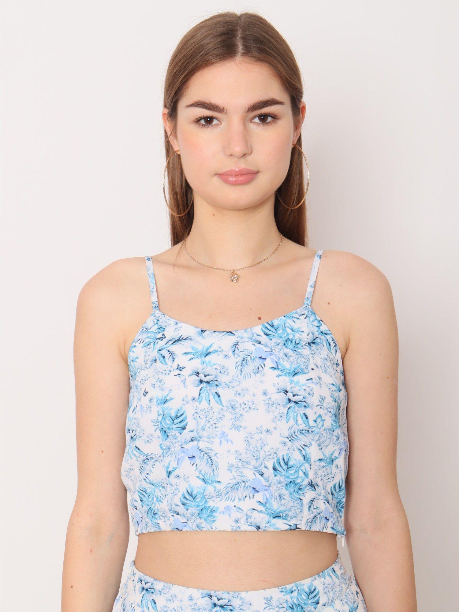 womens blue floral print fitted crop top