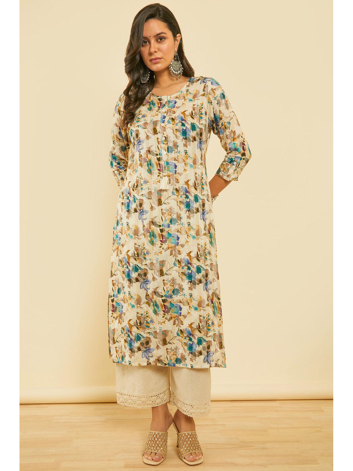 womens blue floral print rayon kurta with kantha weave