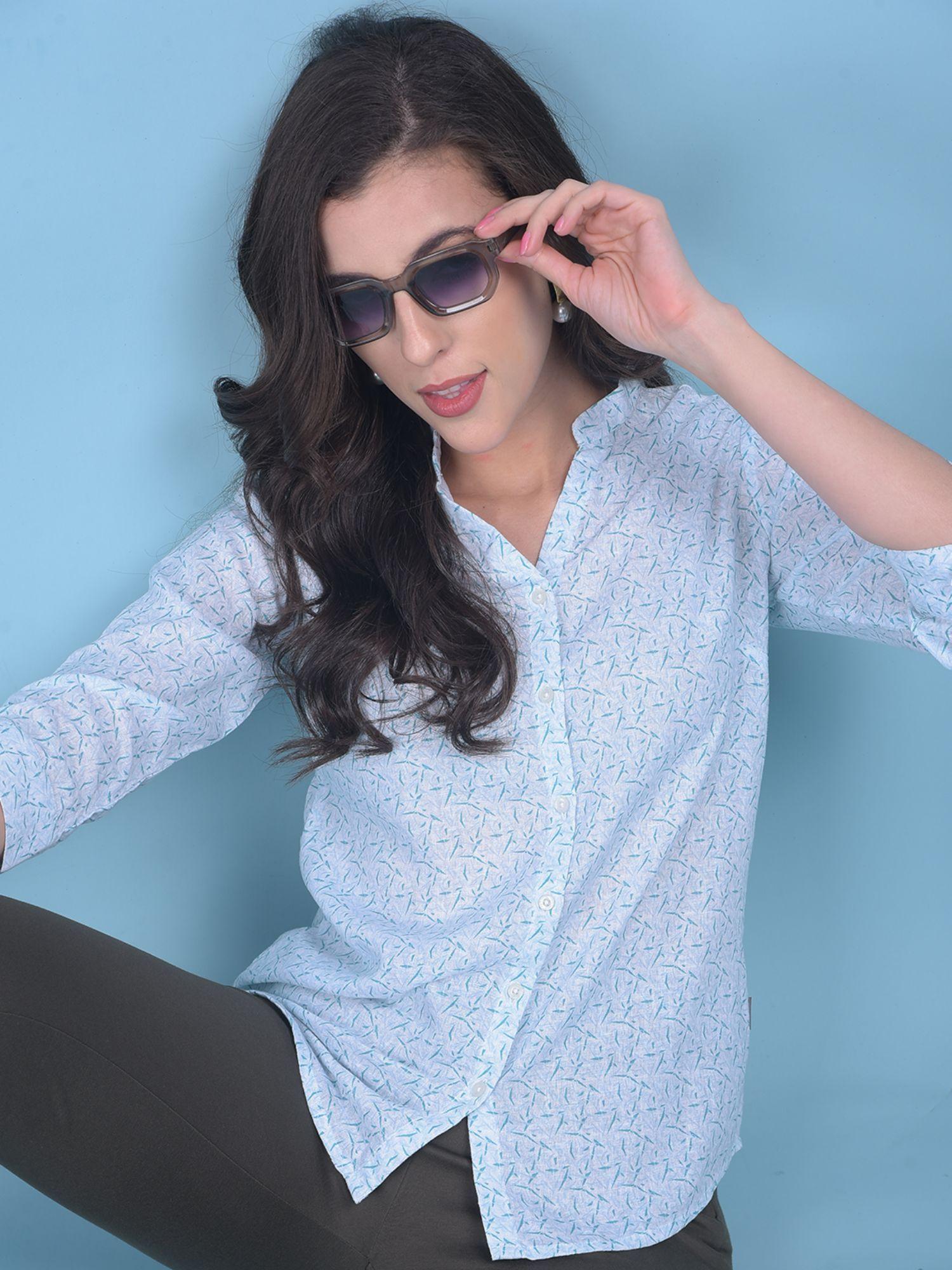 womens blue floral print shirt