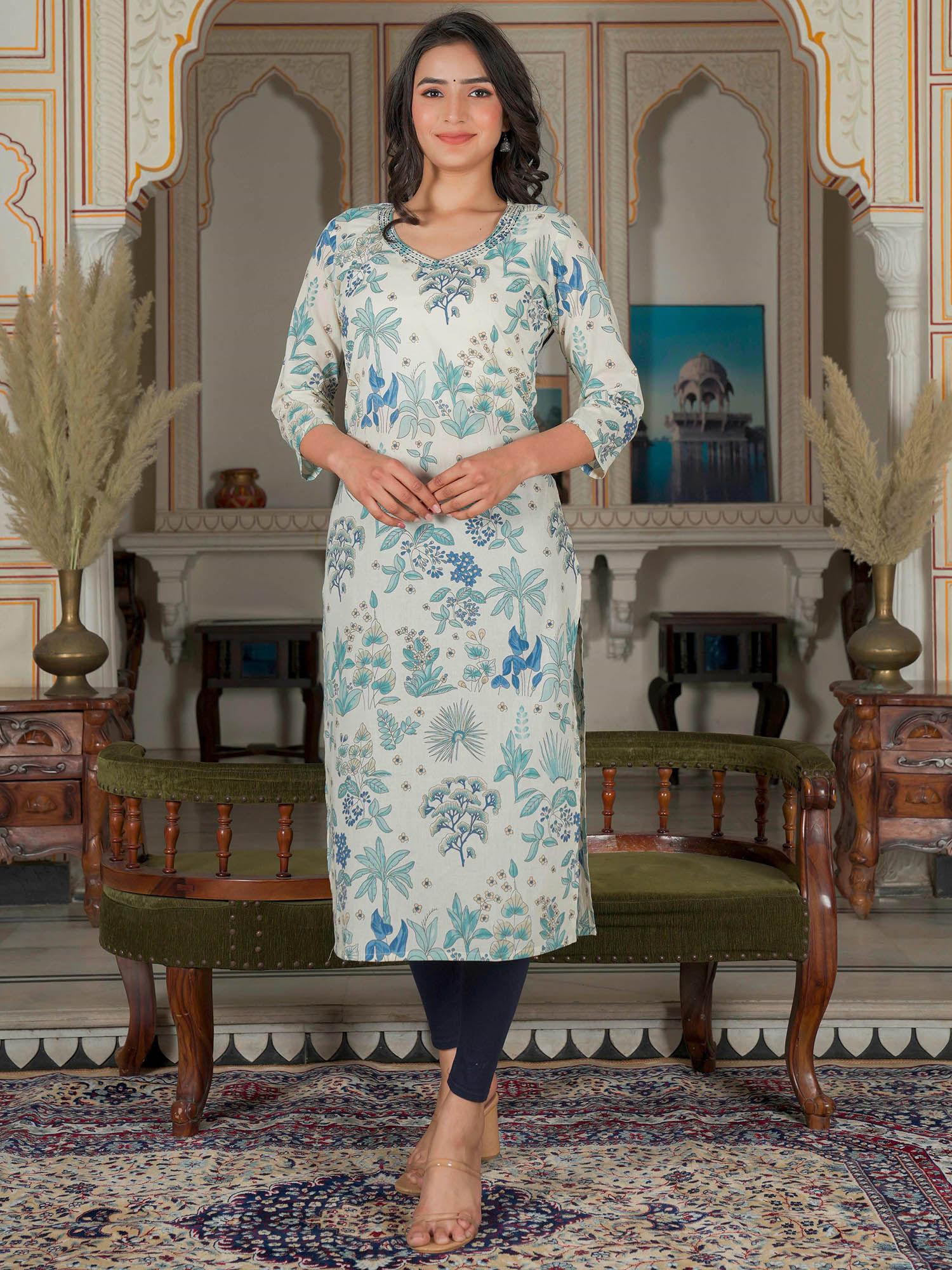 womens blue floral print straight cotton kurta