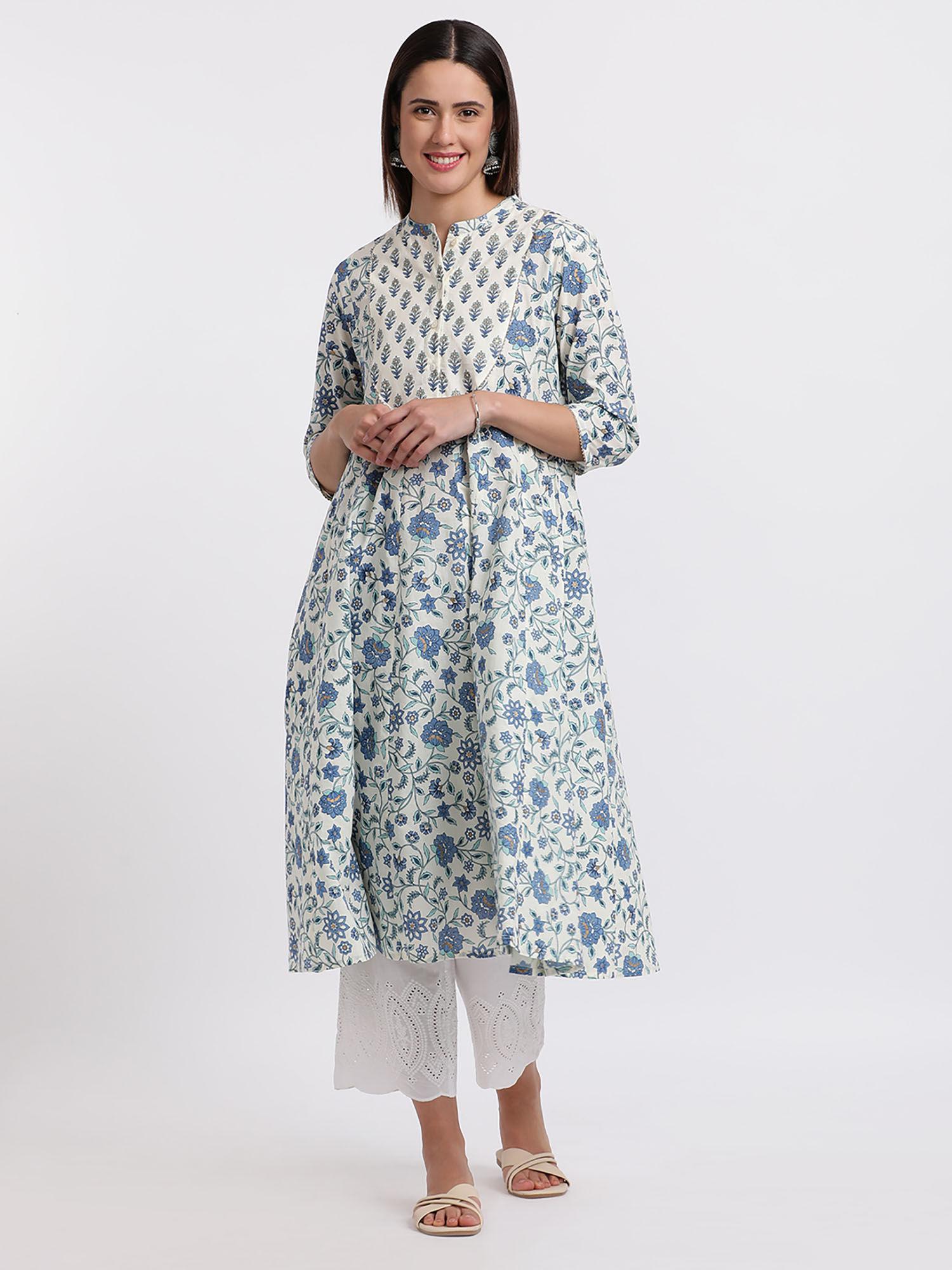 womens blue floral printed cotton kurta