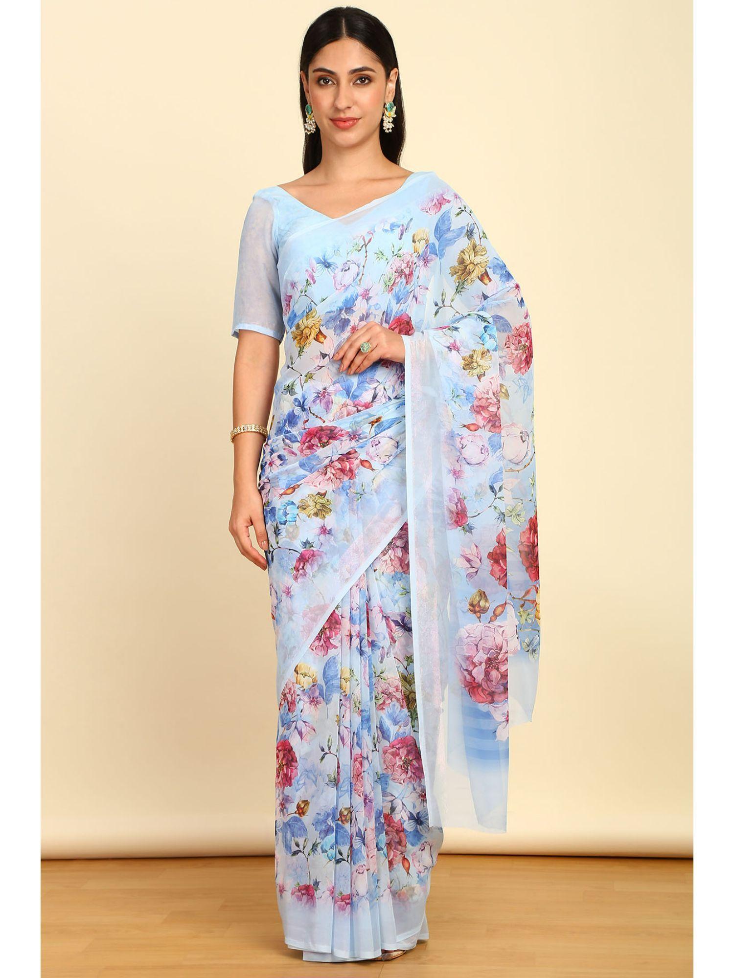 womens blue georgette floral print saree with unstitched blouse