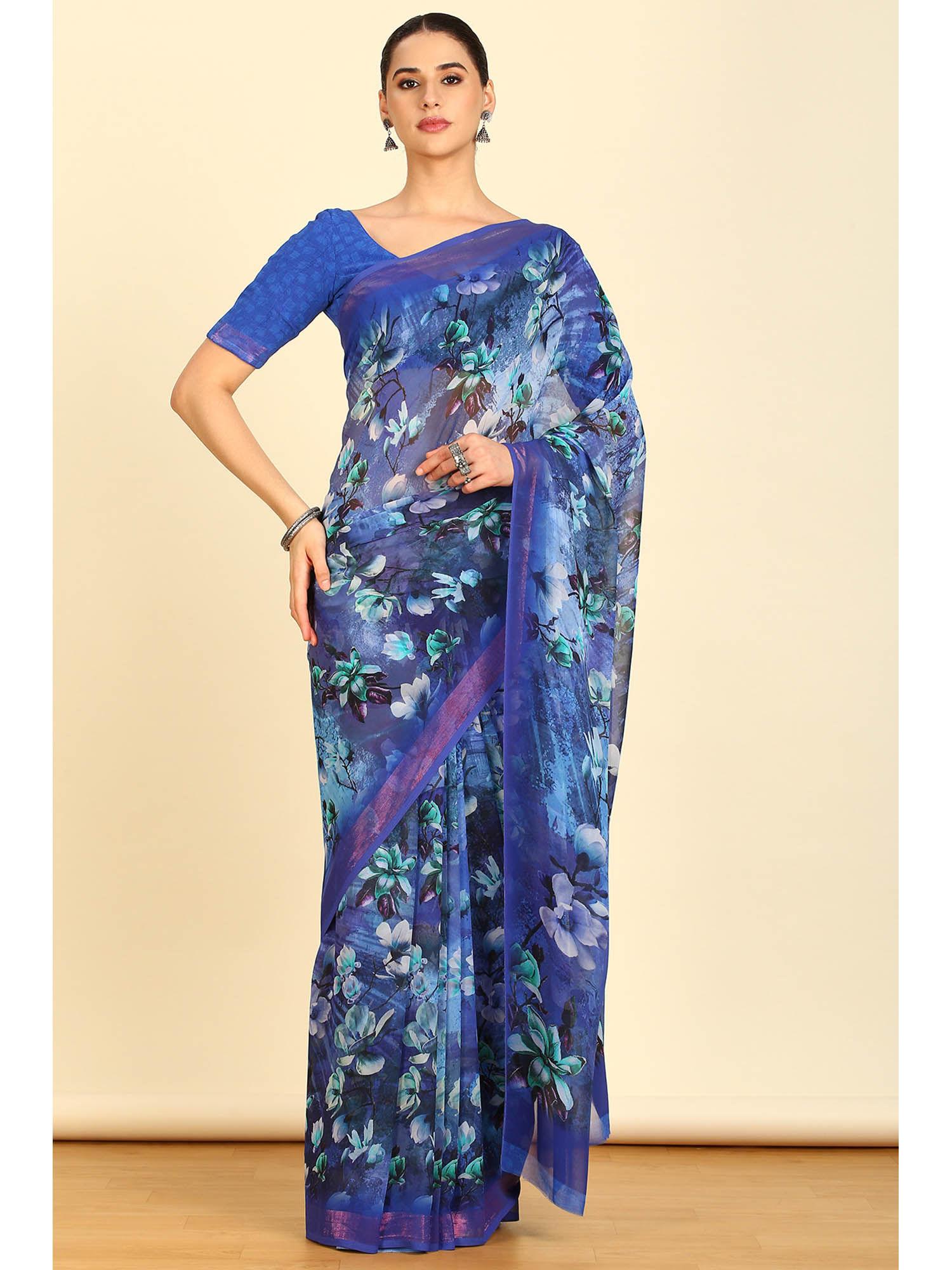 womens blue georgette floral print saree with unstitched blouse