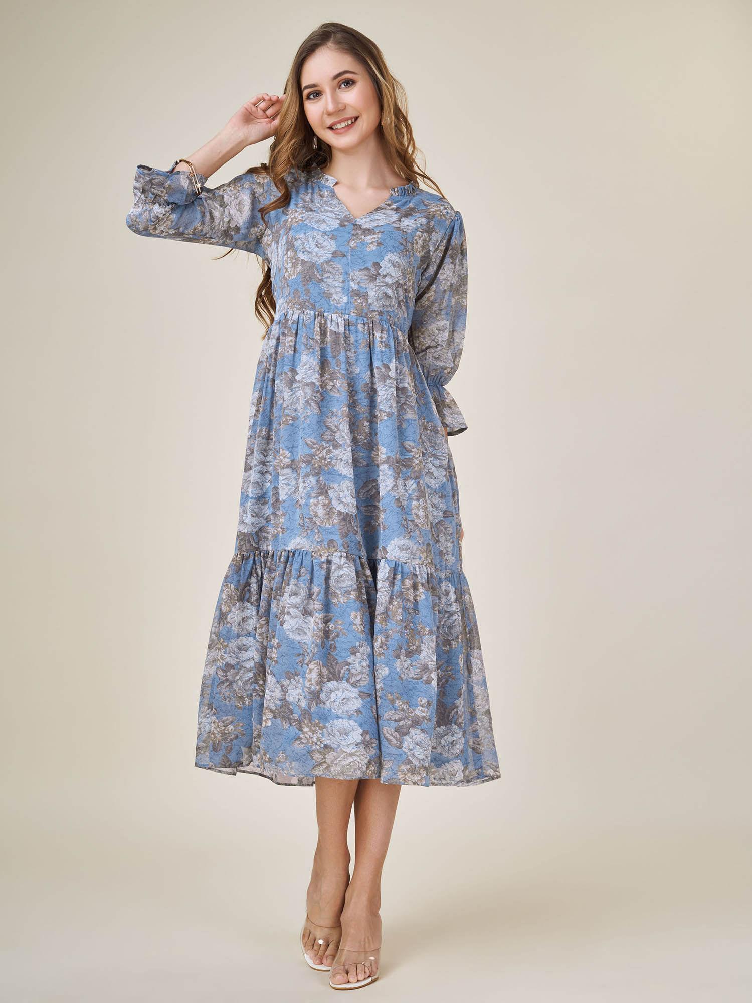 womens blue georgette floral printed tiered dress with ruffles