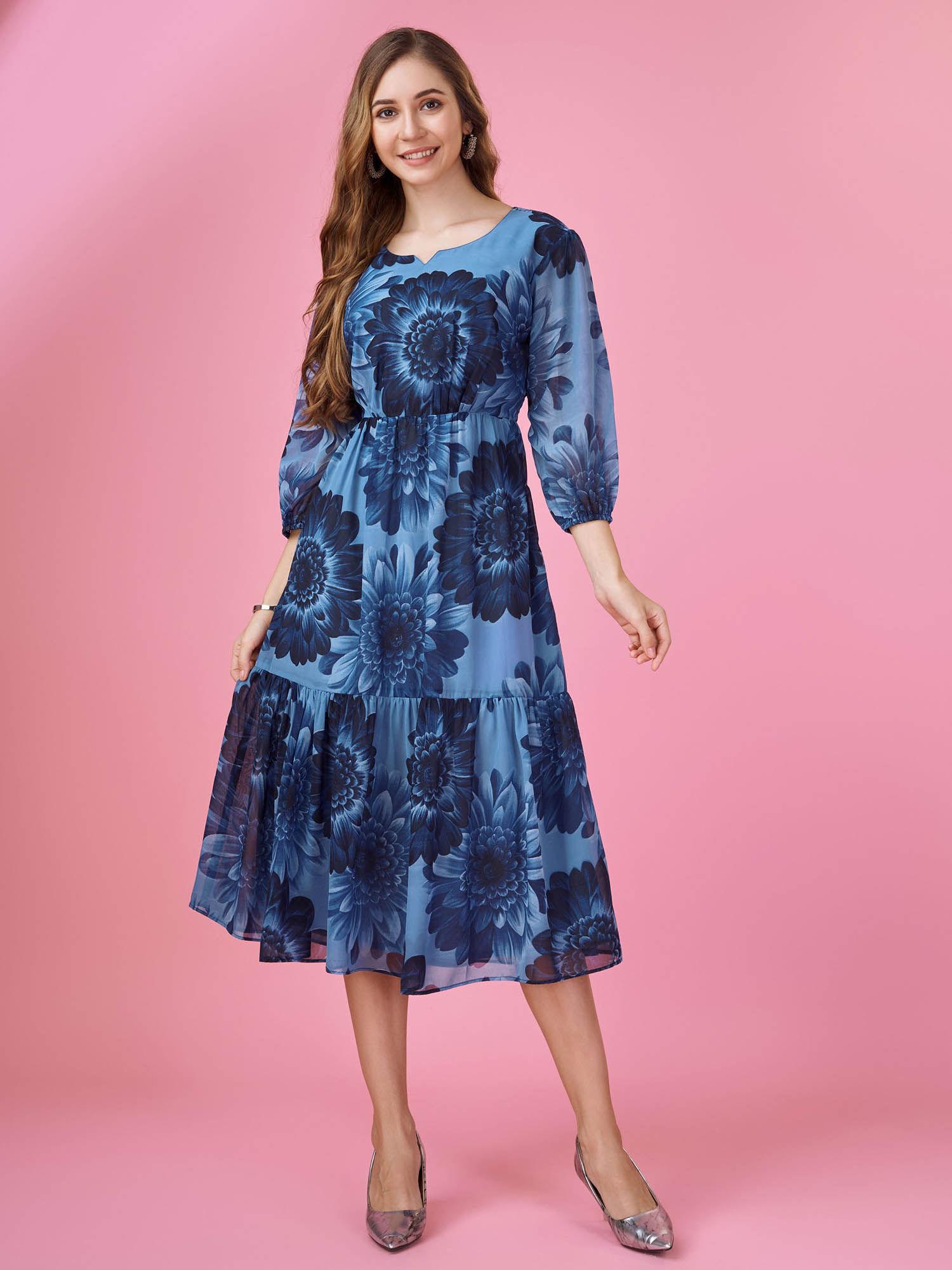 womens blue georgette floral printed tiered dress