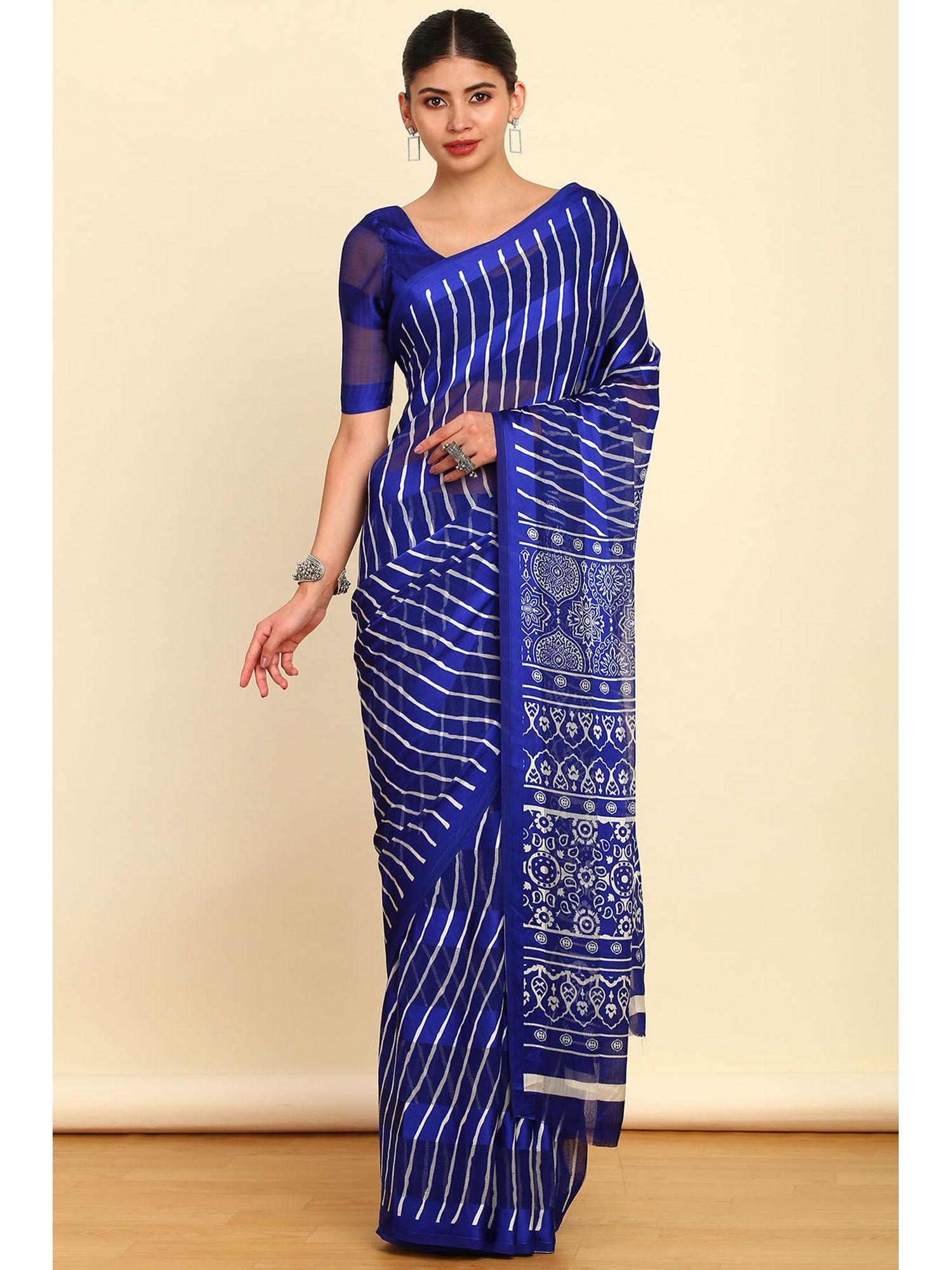 womens blue leheriya printed chiffon saree with unstitched blouse