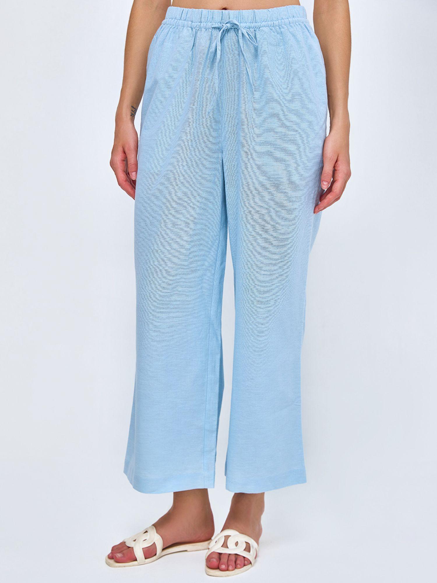 womens blue linen wide leg trouser