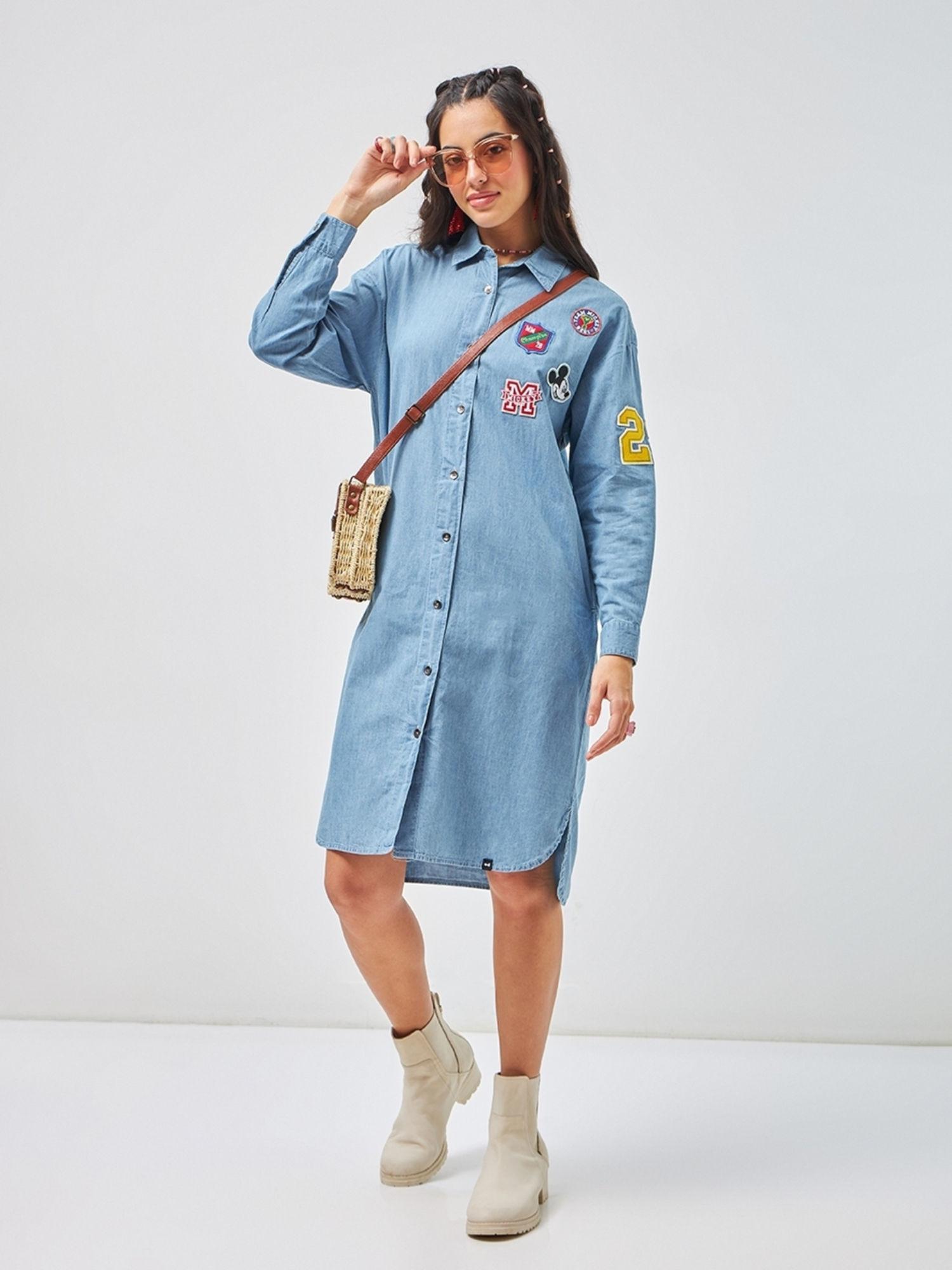 womens blue mickey graphic printed oversized shirt dress