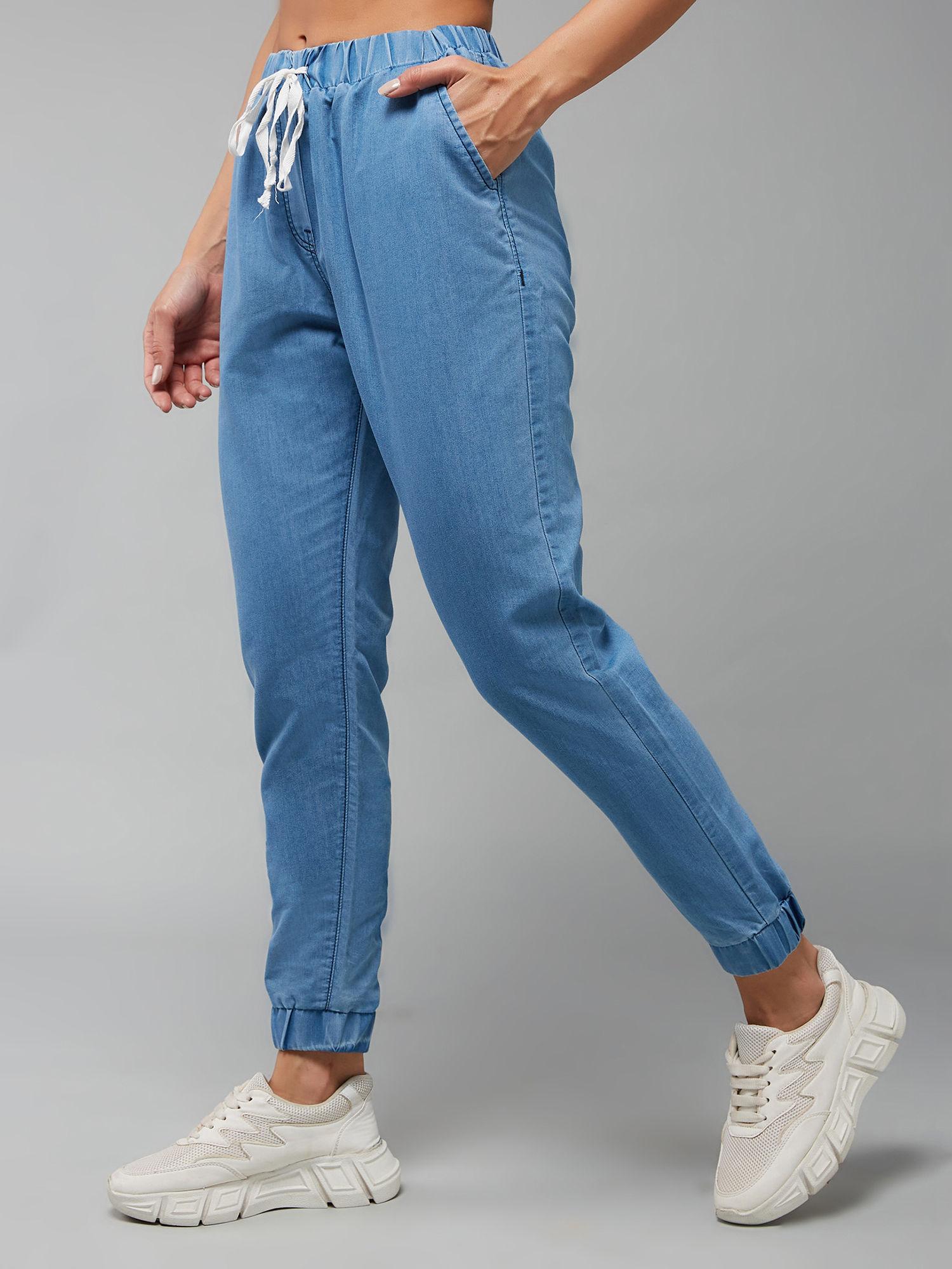 womens blue mid rise non-stretchable denim joggers