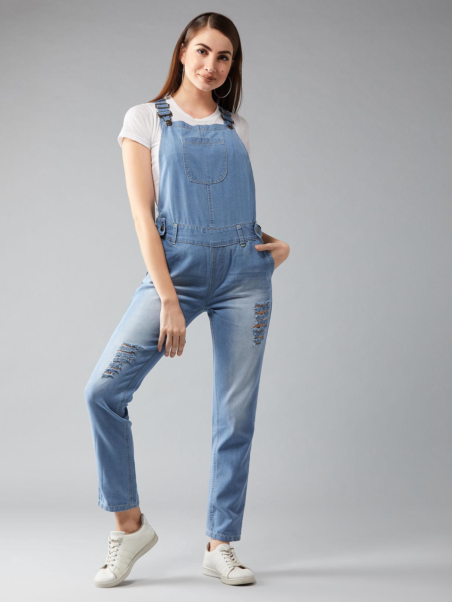 womens blue mid rise ripped denim dungaree