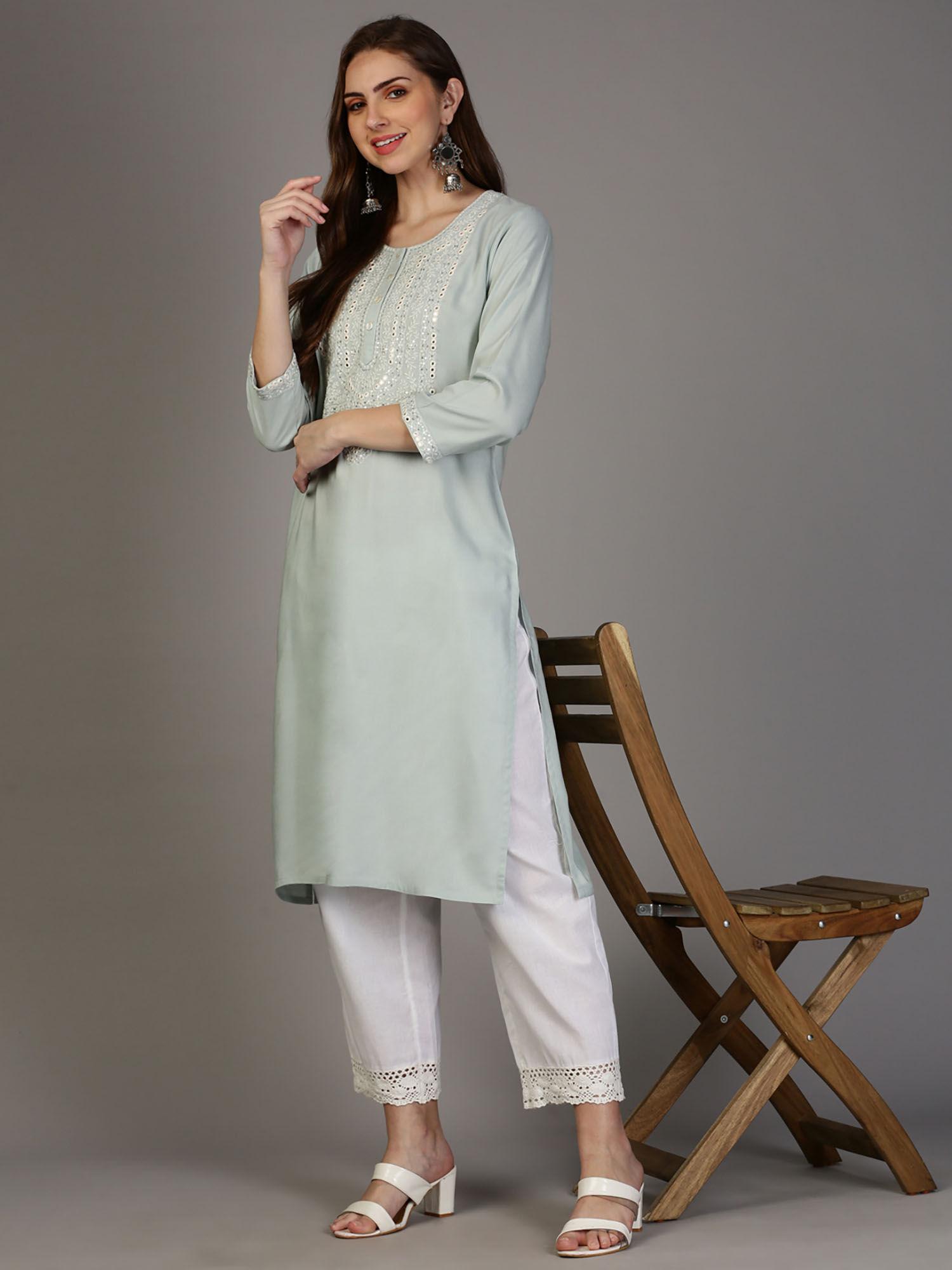 womens blue mirror embroidered cotton a-line kurta