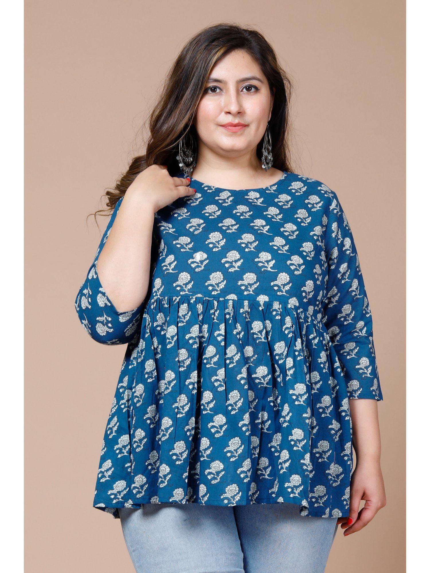 womens blue plus size cotton floral printed short kurti