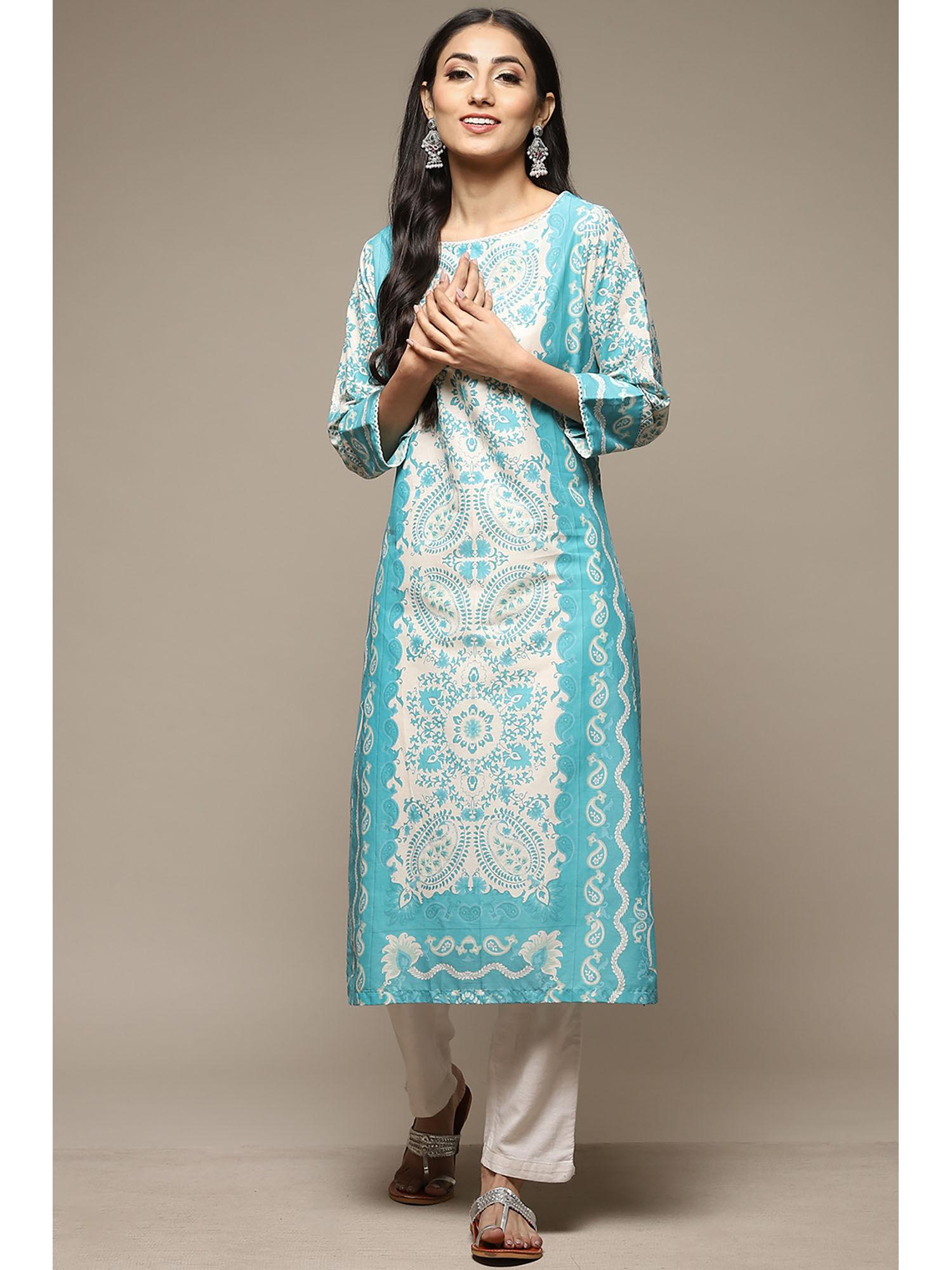 womens blue printed cotton straight kurta