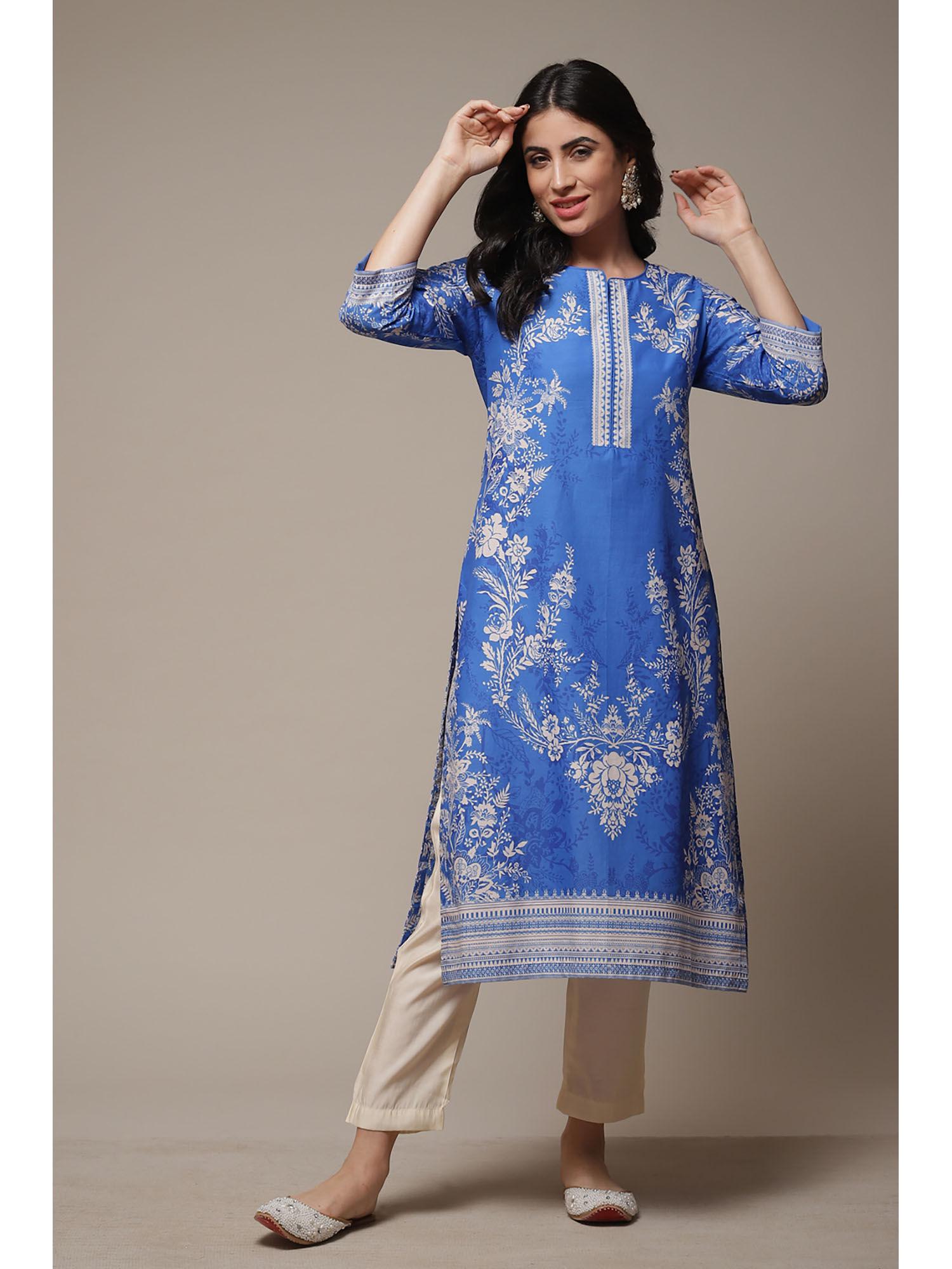 womens blue printed cotton straight kurta