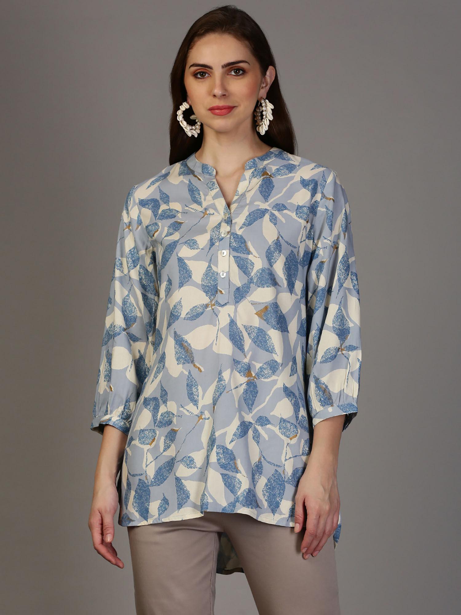 womens blue printed high-low rayon tunic