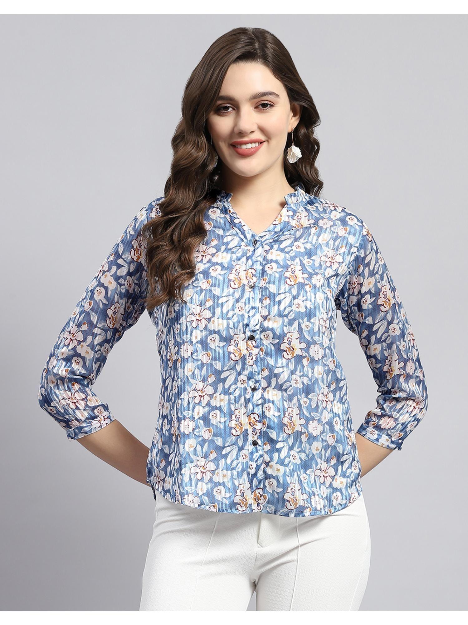 womens blue printed mandarin neck 3-4 sleeve shirt