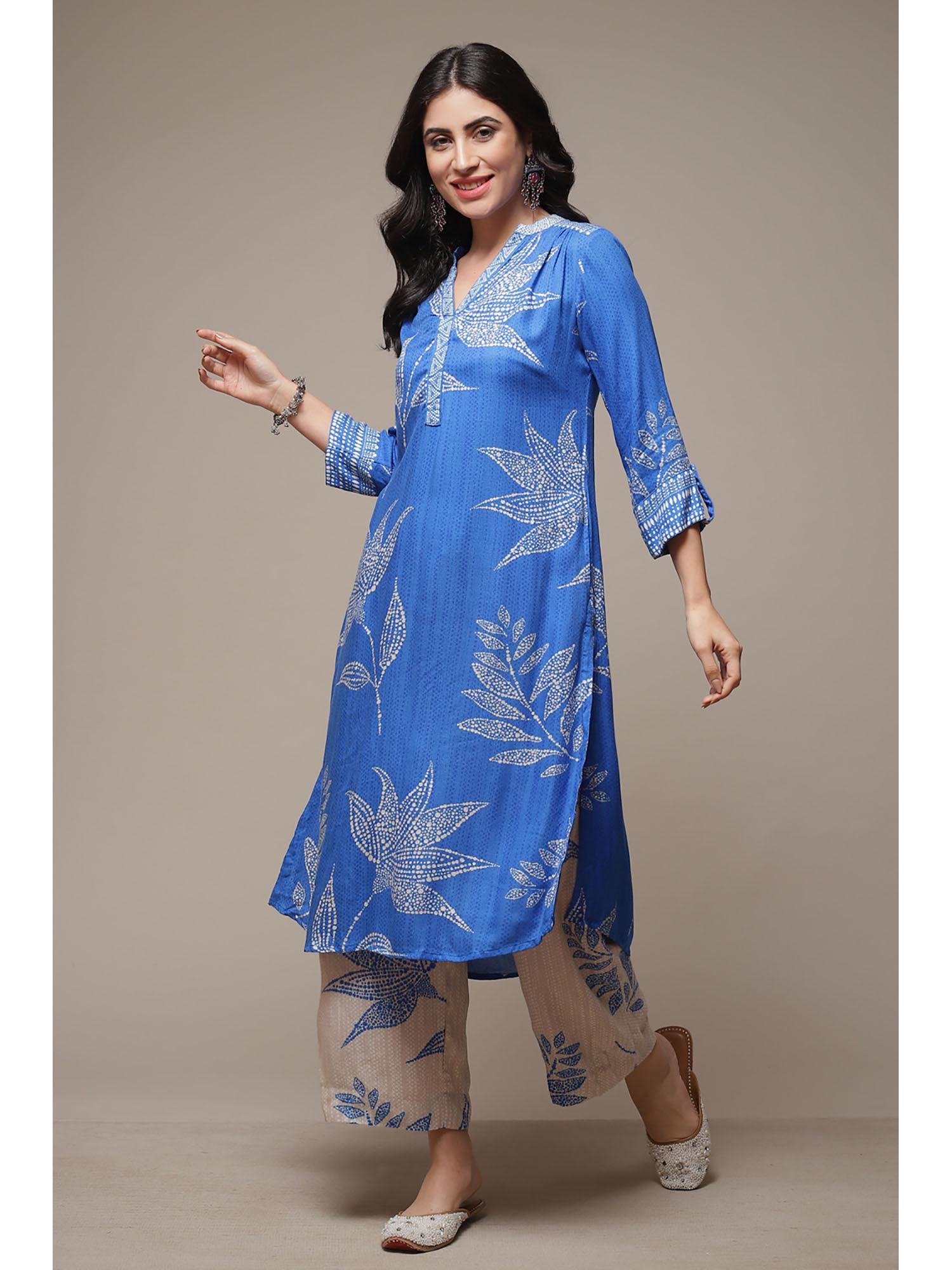 womens blue printed rayon straight kurta (set of 2)