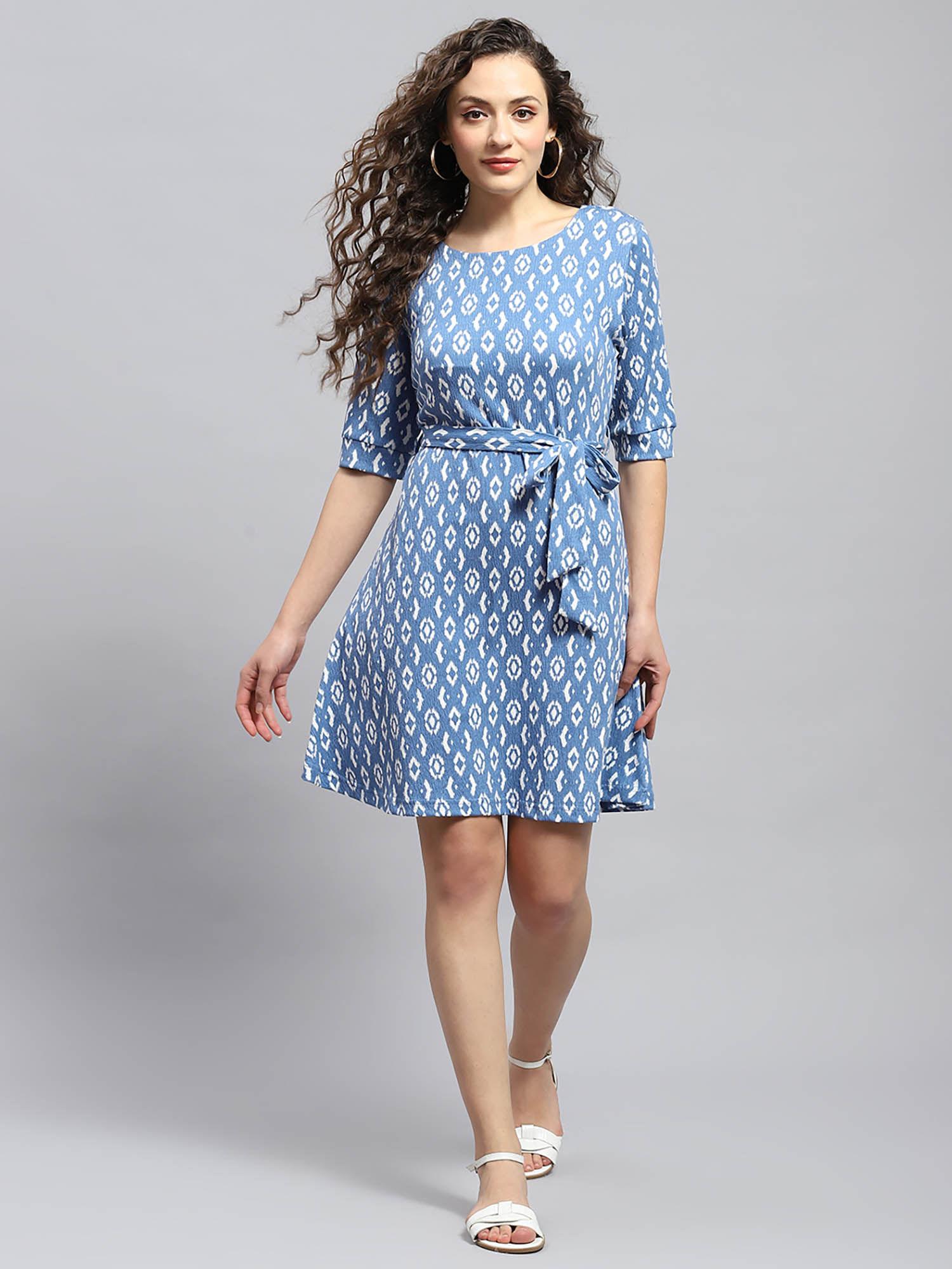 womens blue printed round neck half sleeve dress (set of 2)