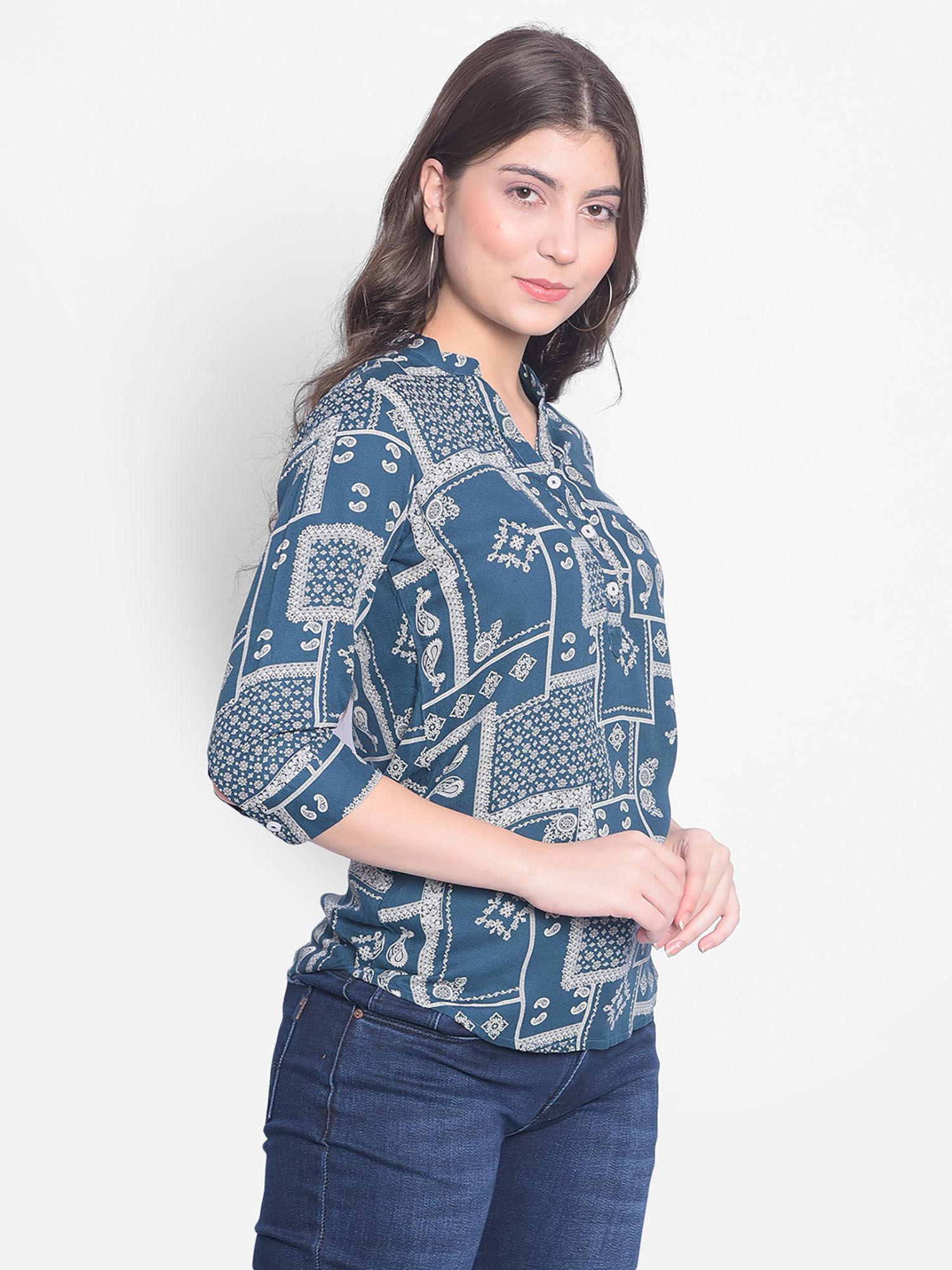 womens blue printed top