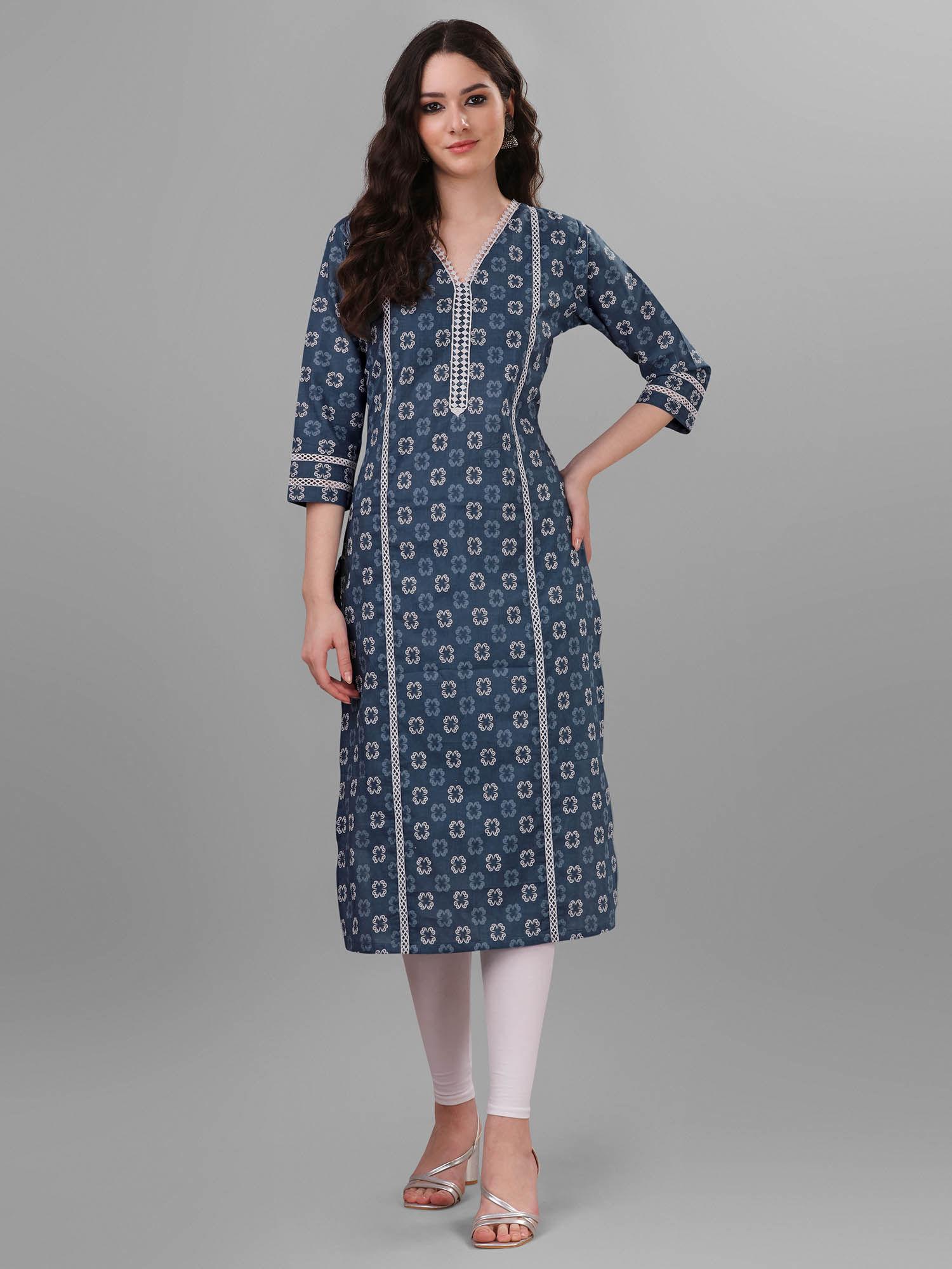 womens blue pure cotton cambric block printed kurta