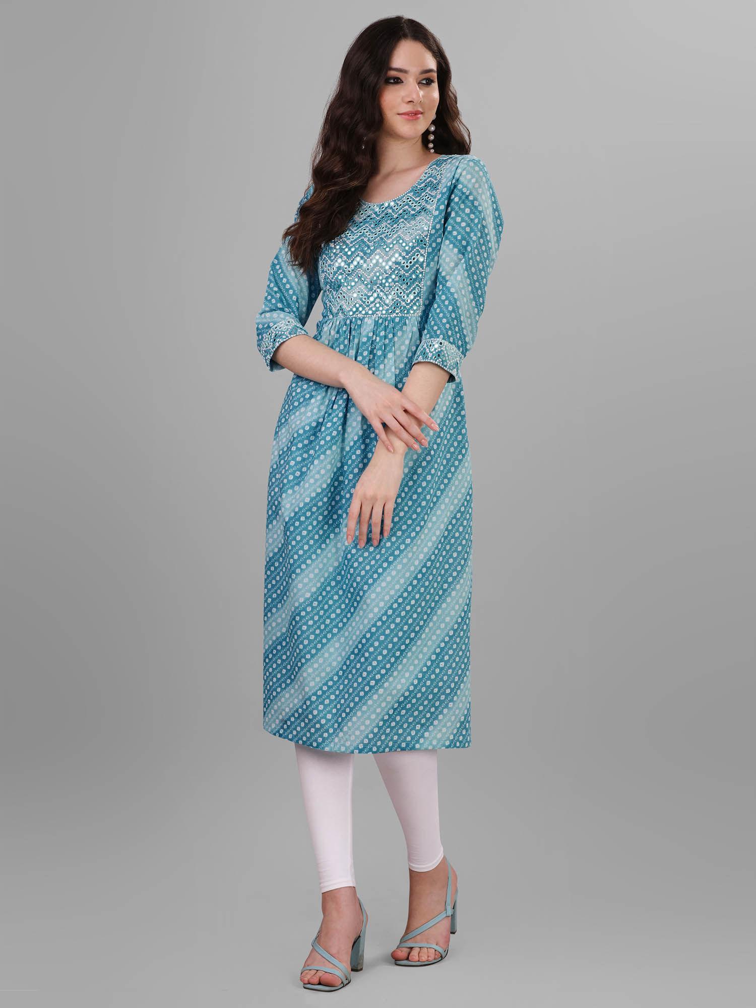 womens blue pure cotton cambric printed kurta