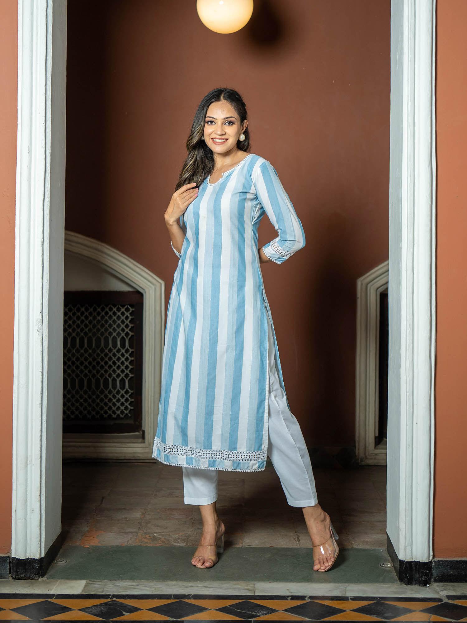 womens blue rayon stripes kurta