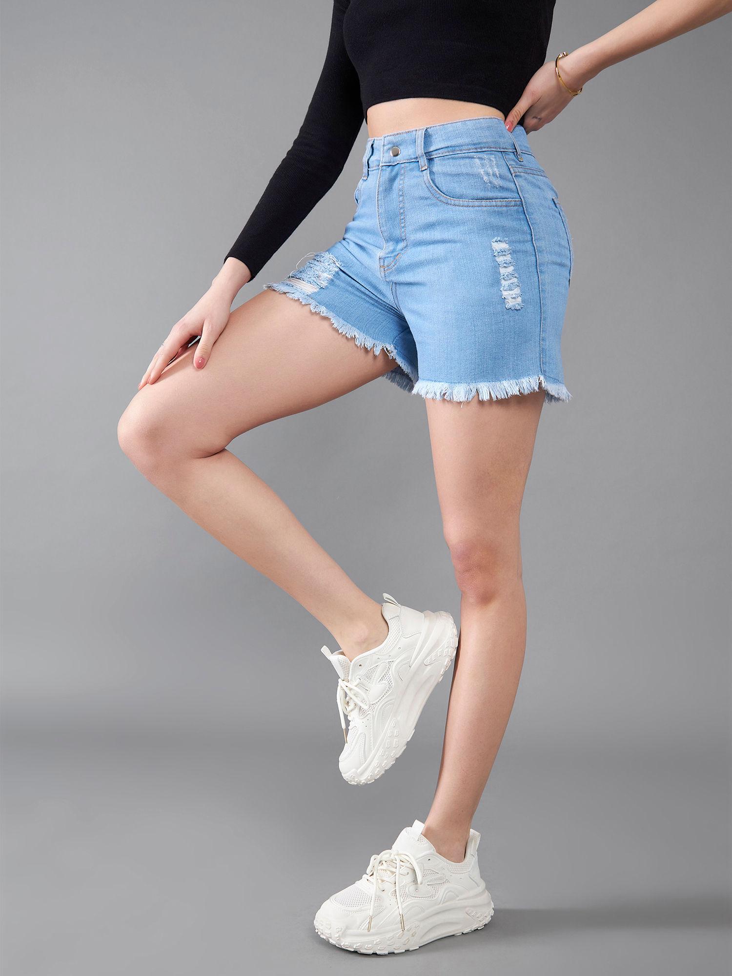 womens blue relaxed fit mid rise highly distressed regular denim shorts