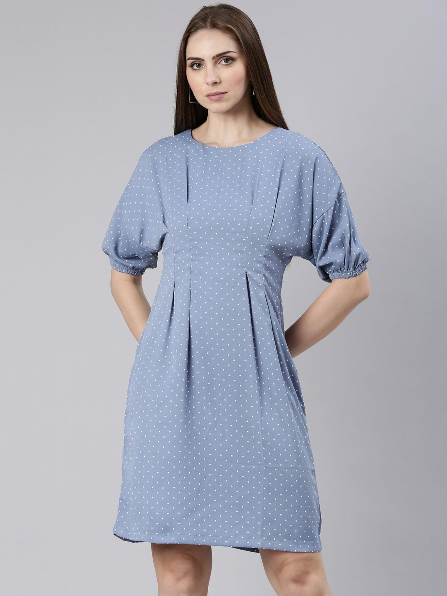 womens blue round neck short sleeves a-line polka dots knee dress