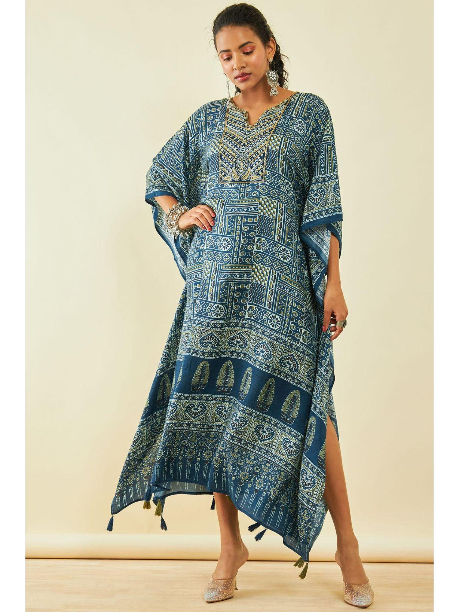 womens blue silk blend abstract print kaftan with mirror work